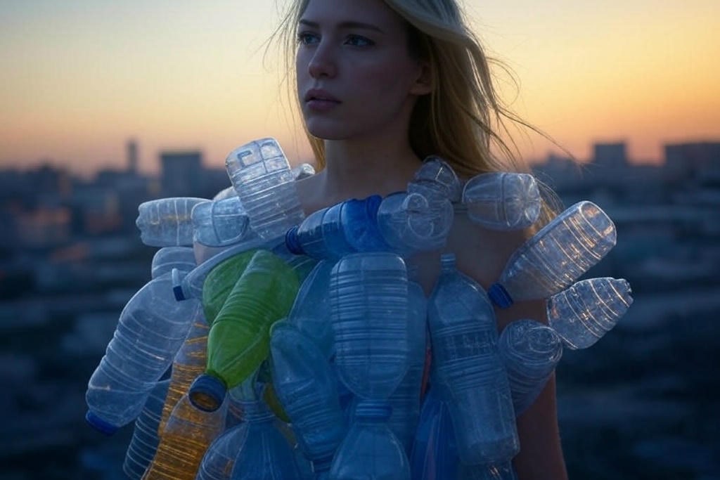 Woman wearing a dress made of plastic bottles.