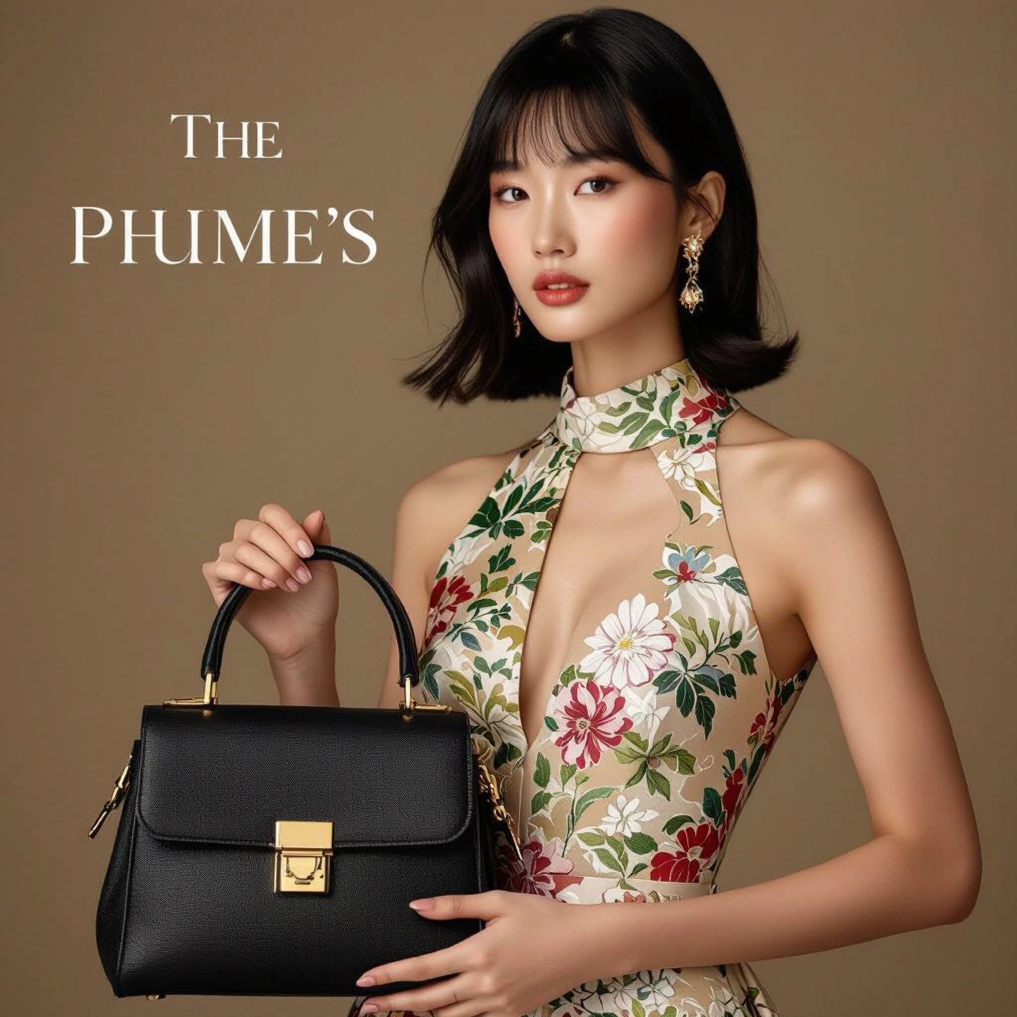 A woman in a floral dress holds a black handbag.