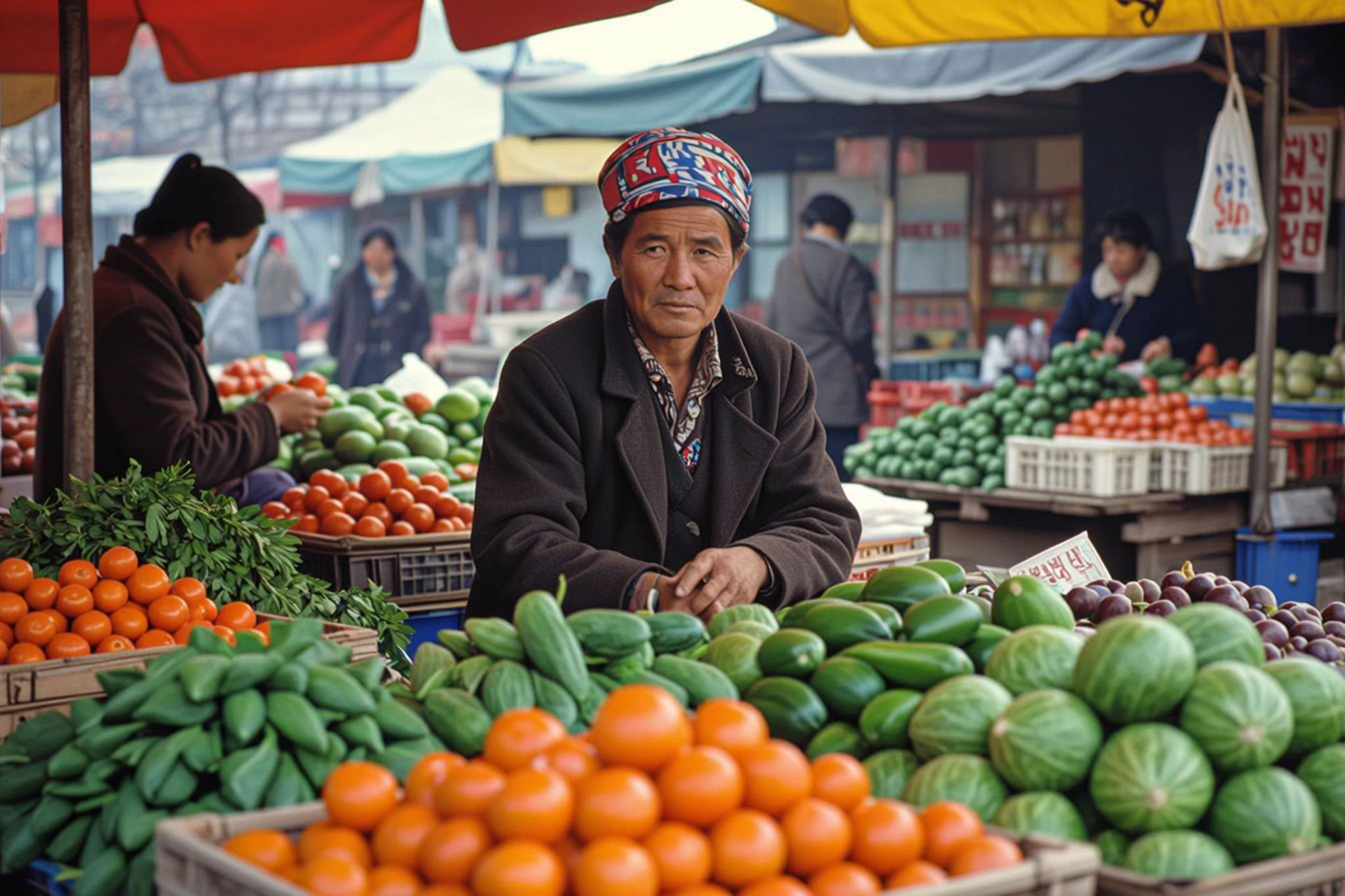 Man at a market stall with fruits and vegetables.