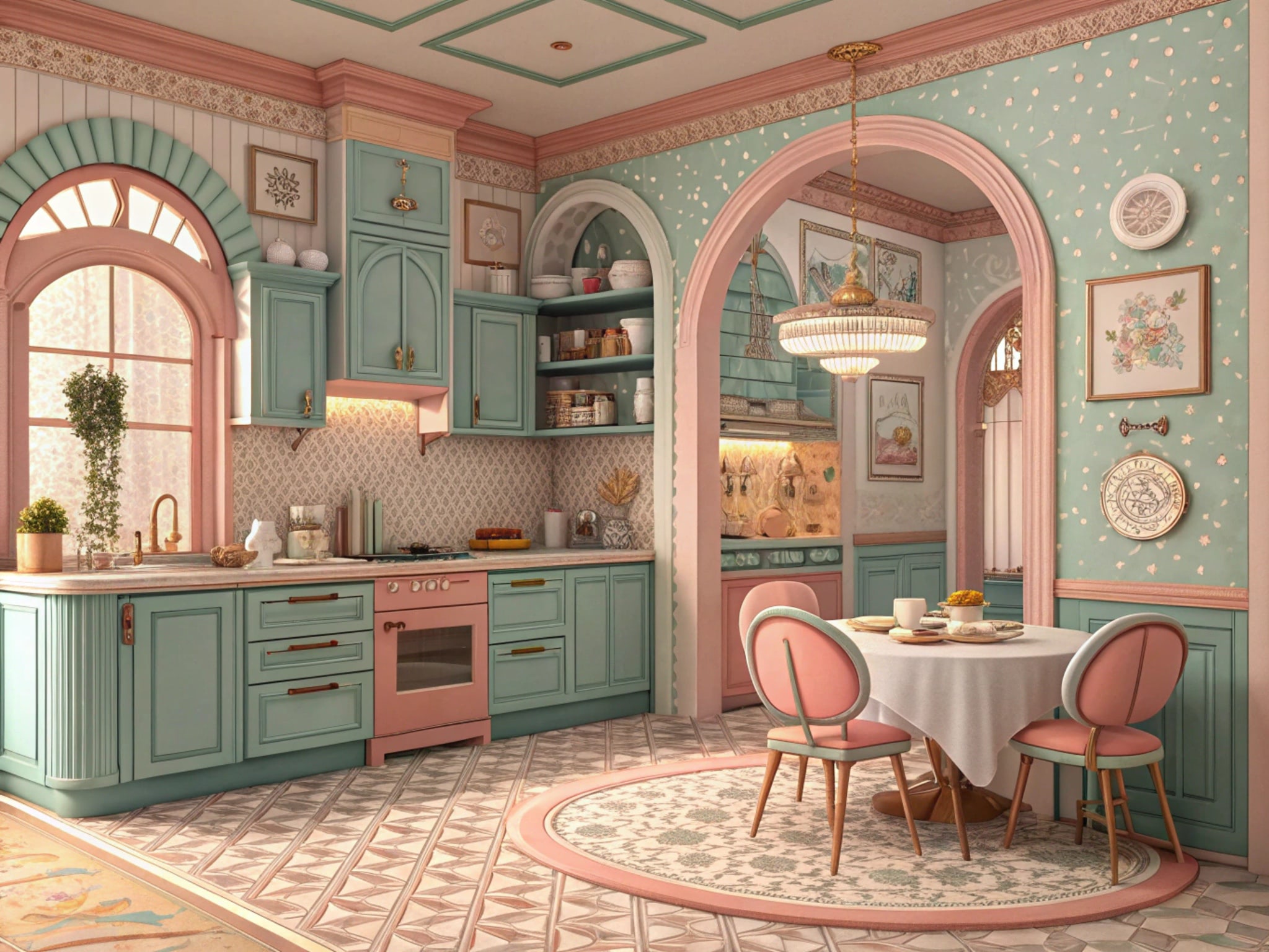 Illustration of a pastel-colored kitchen and dining area.