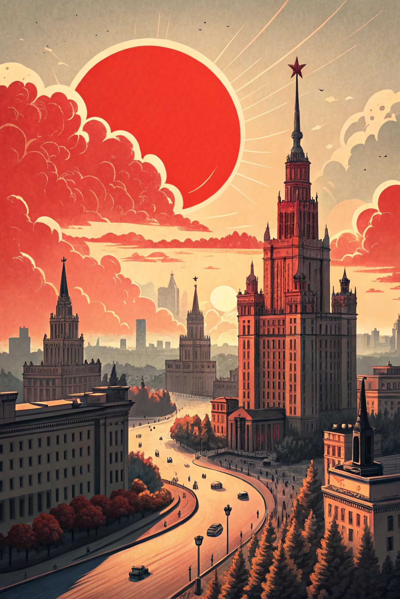 Illustration of a cityscape dominated by a large red building with a star on top, with a red sun and stylized clouds in the sky.