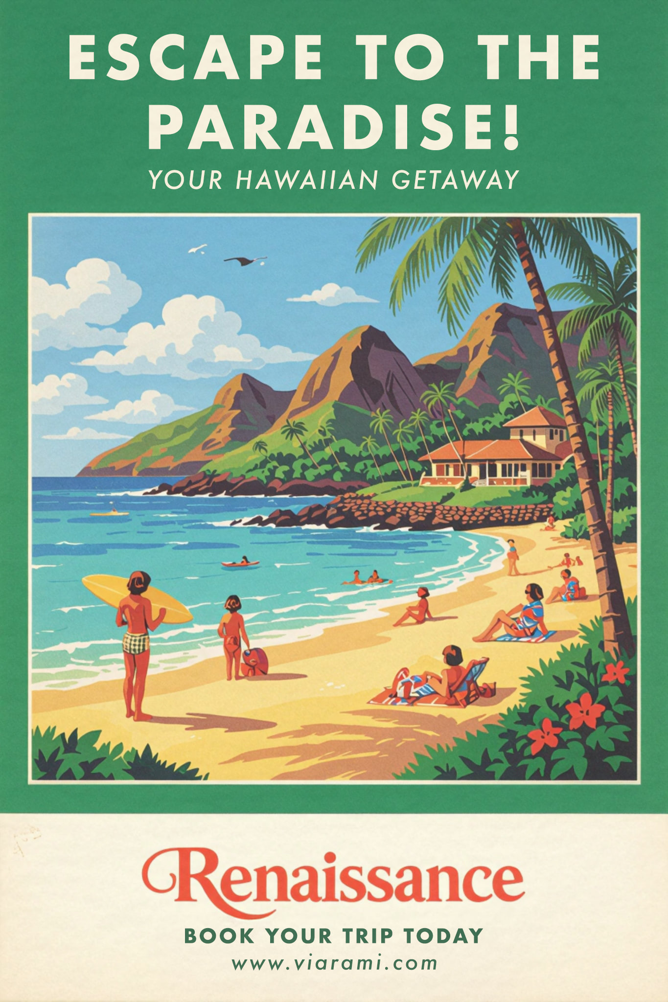 Vintage travel poster depicting a tropical beach scene with mountains, palm trees, and people enjoying the sun and ocean.