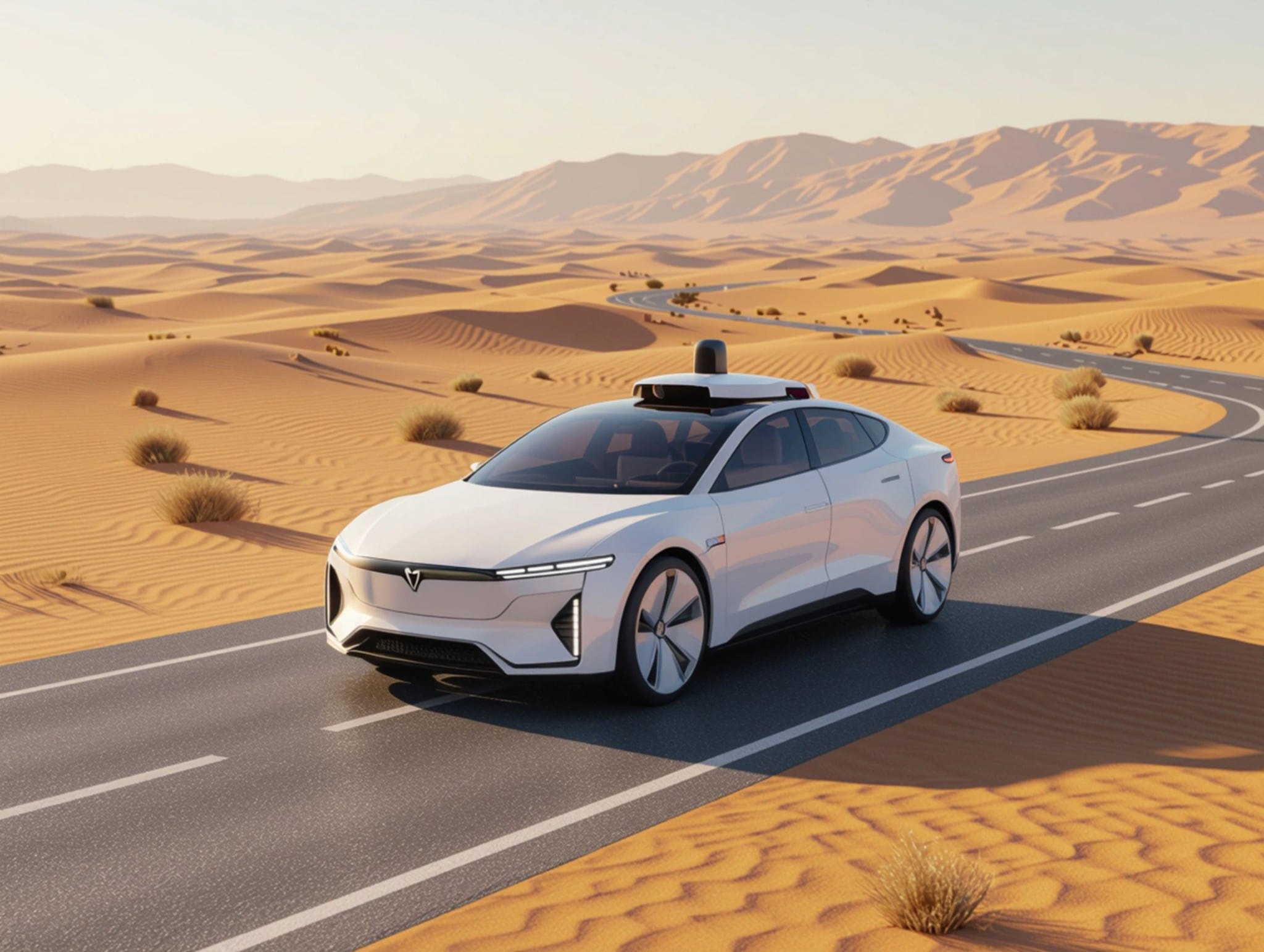White self-driving car on a desert road.