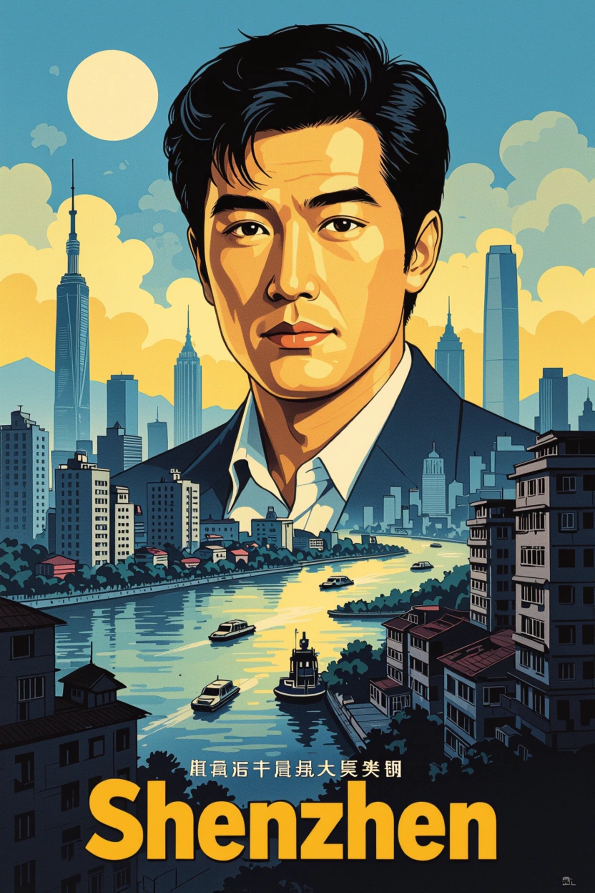 Illustration of a man overlooking a cityscape with a river and boats; text reads 'Shenzhen'.