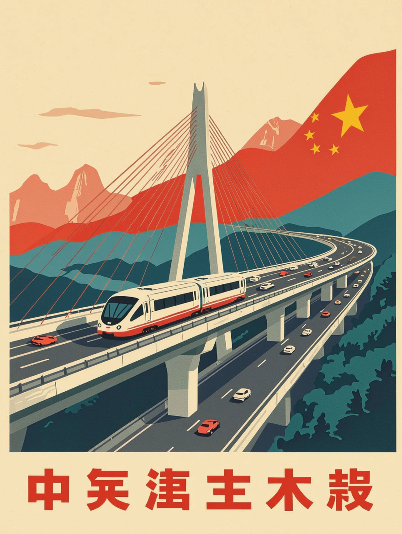 Illustration of a train and cars on an elevated highway leading to a cable-stayed bridge, with Chinese flag and mountains in the background.
