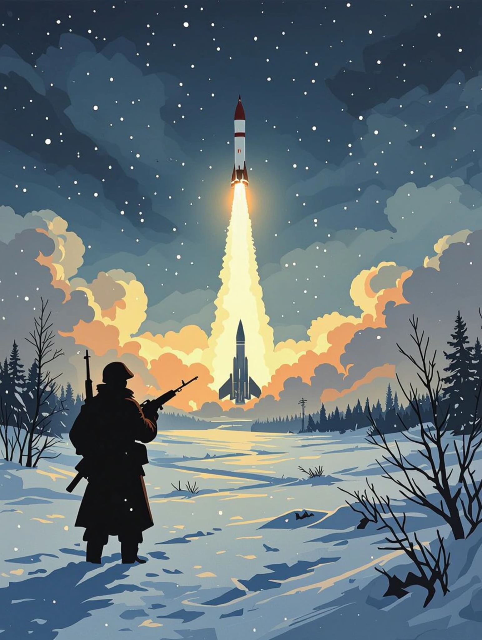 Silhouette of a soldier watching a rocket launch in a snowy landscape.