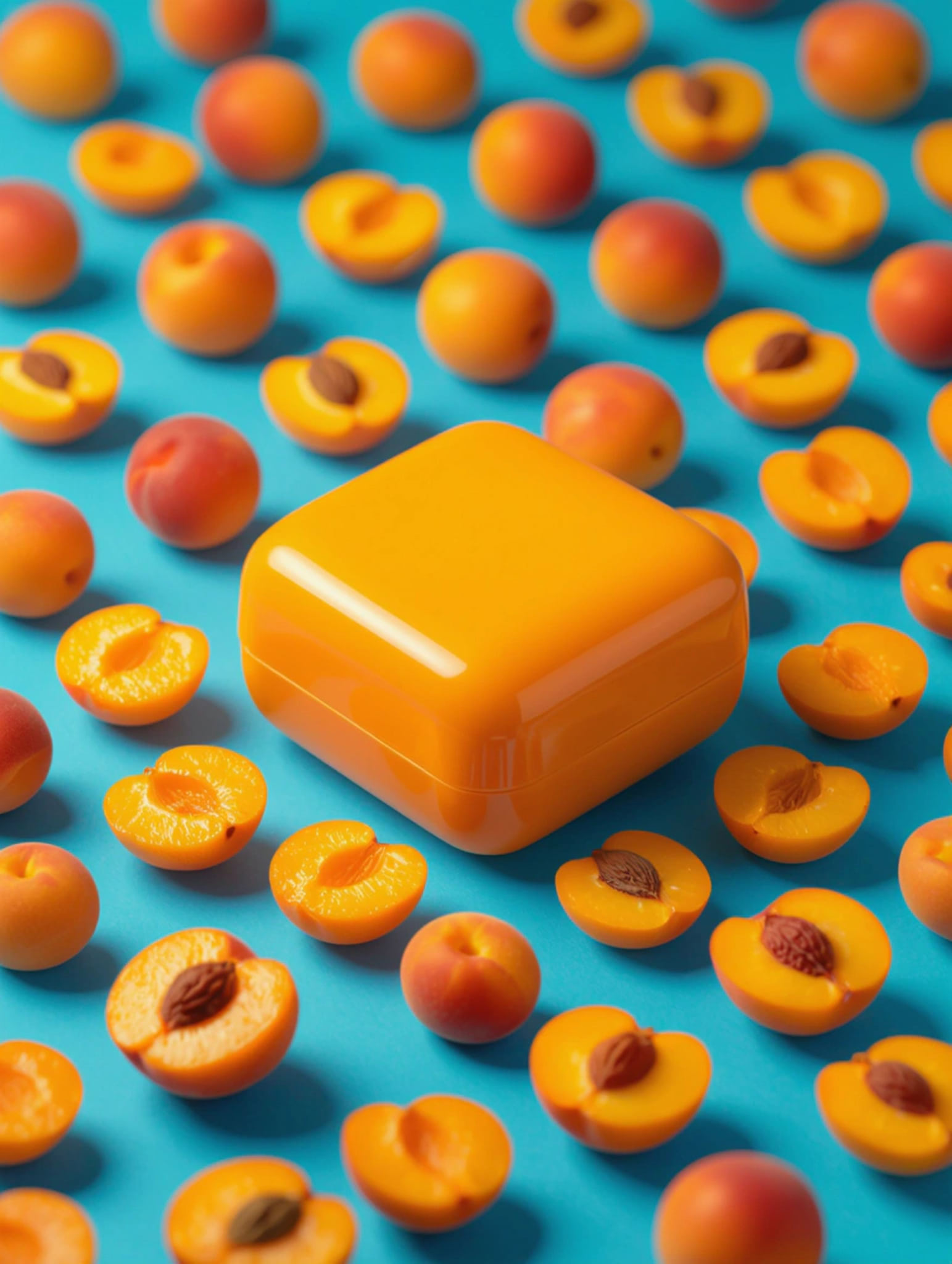 Peaches, halved peaches with pits, and an orange square box on a blue background.