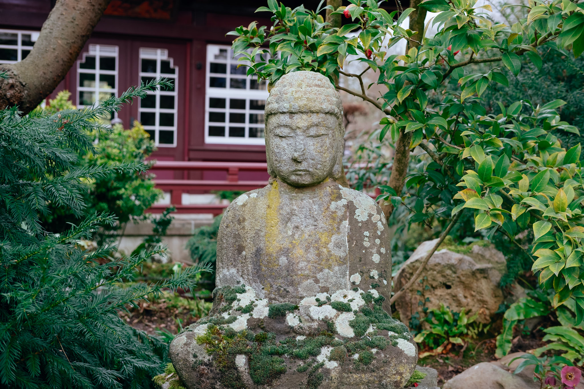 Stone Buddha statue in a garden.