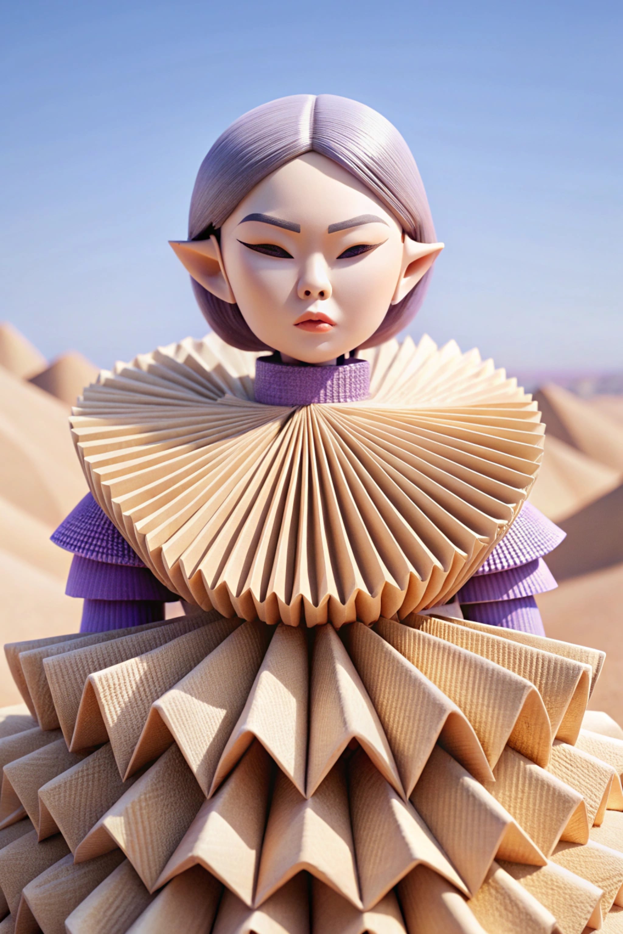 Stylized portrait of a doll-like elf with lavender hair in a pleated, beige and purple outfit against a desert backdrop.