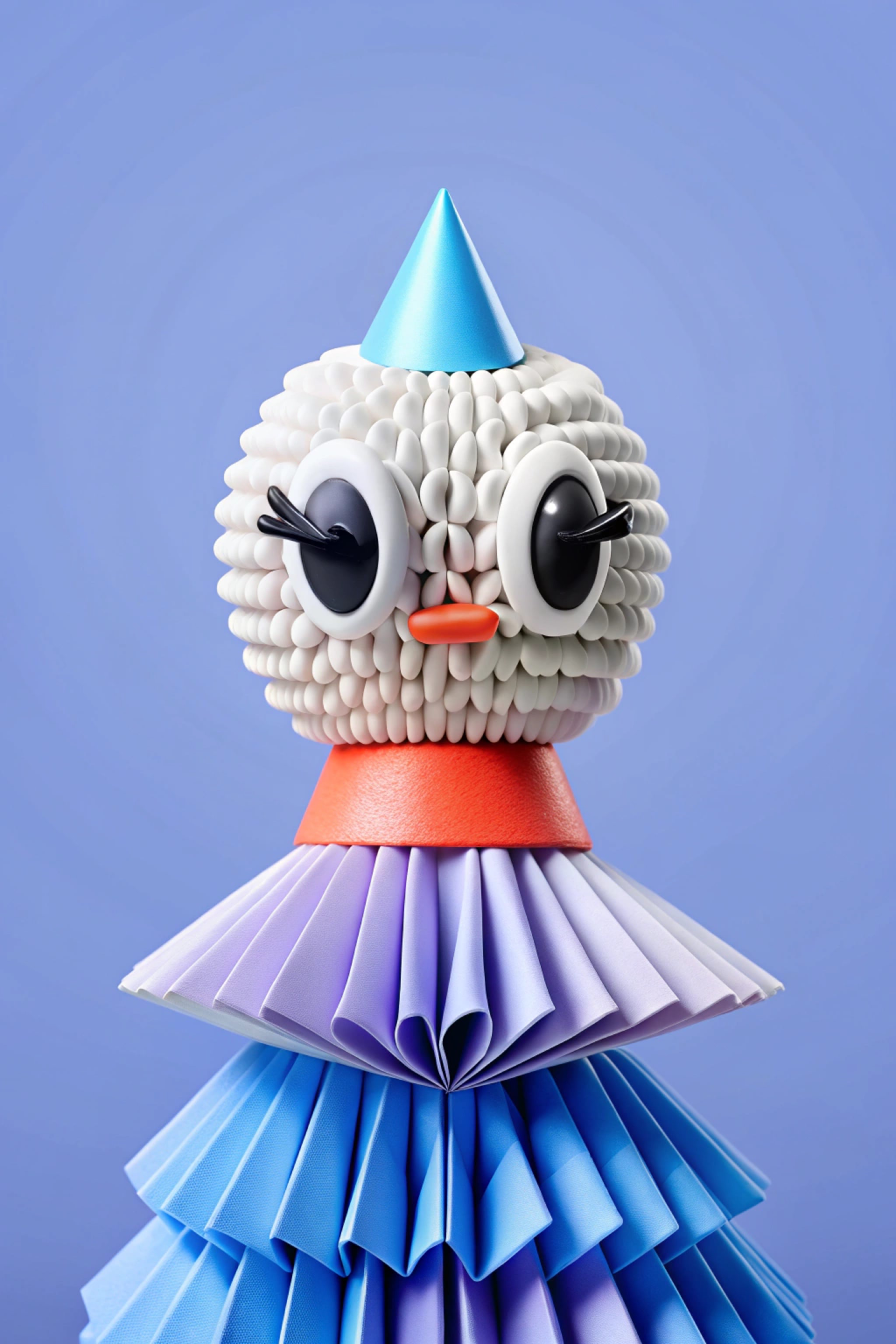 Stylized bird figure with a party hat and layered paper body.