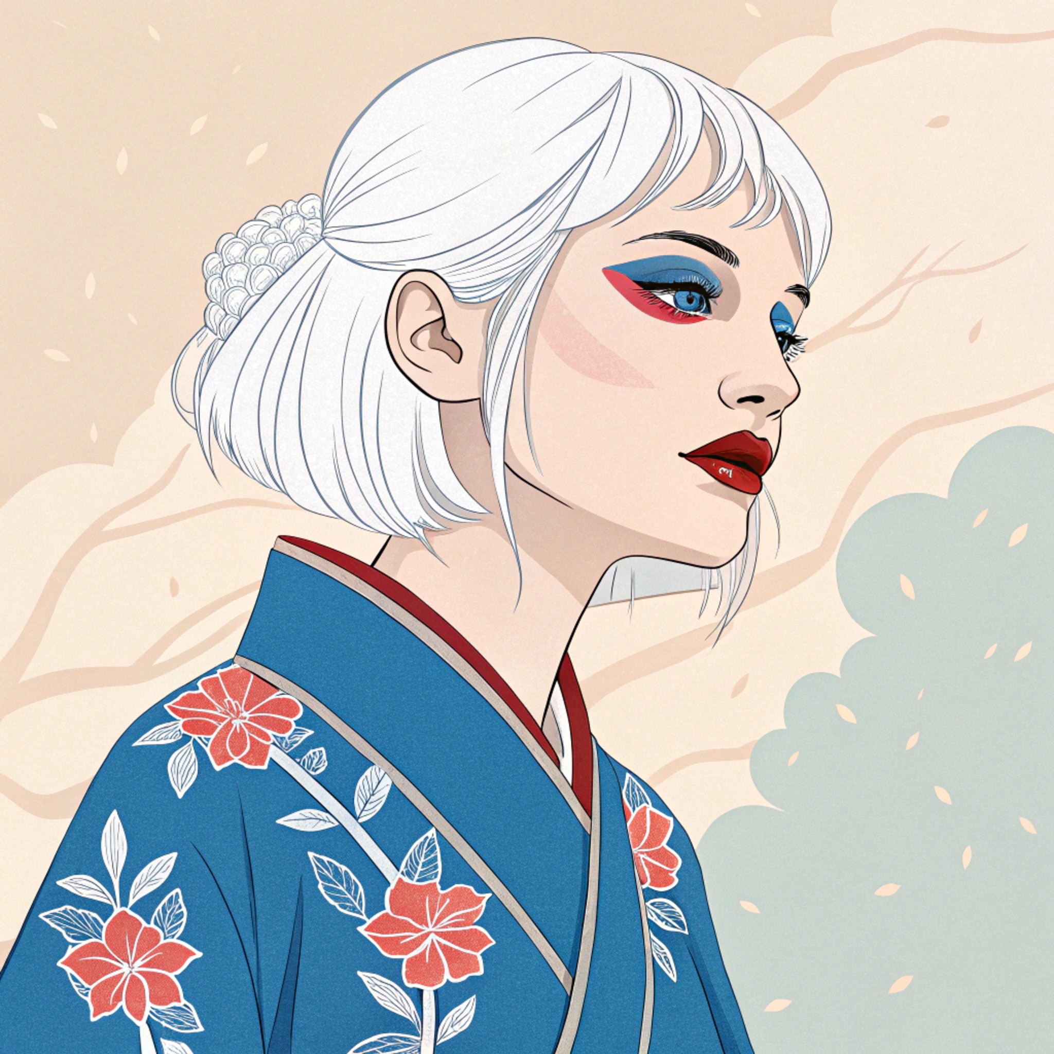 Illustration of a woman with white hair, wearing a blue floral kimono, looking to the right.