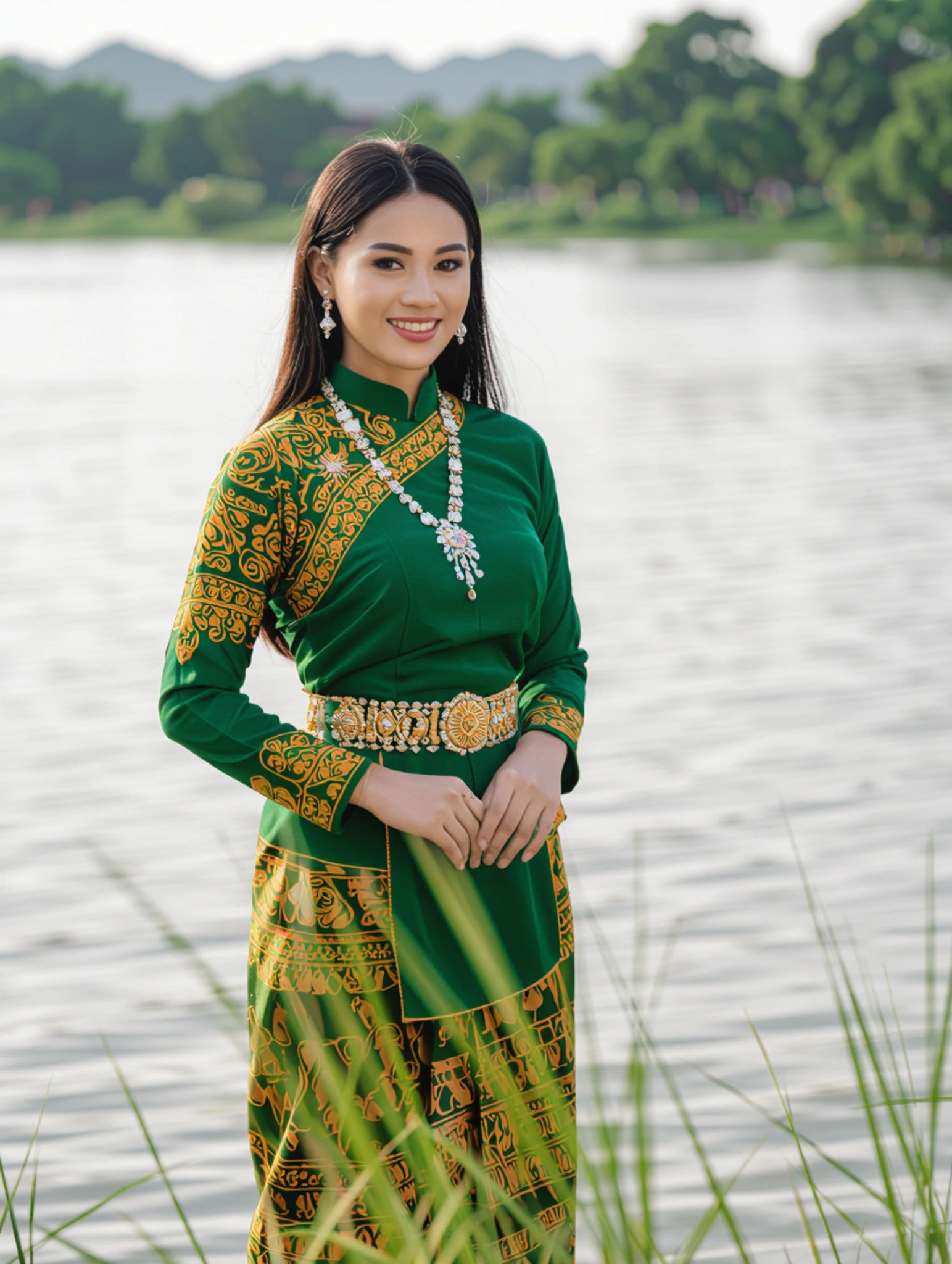 A smiling woman in a green and gold traditional dress standing by a body of water.
