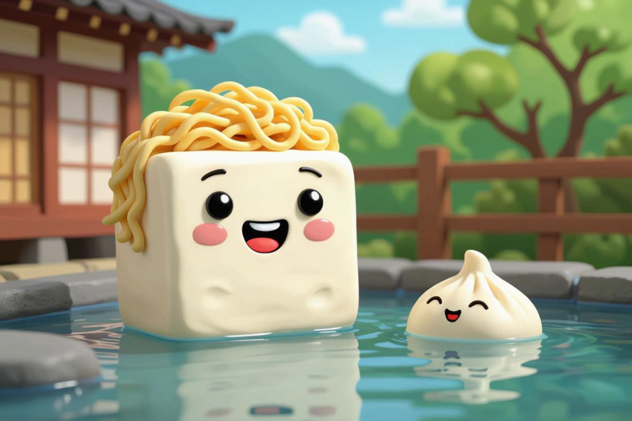 Cartoon tofu cube with noodle hair and dumpling floating in an onsen.
