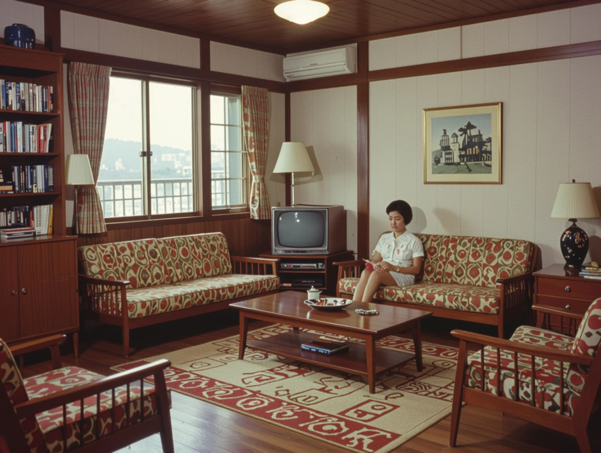 Living room with woman reading on a sofa.