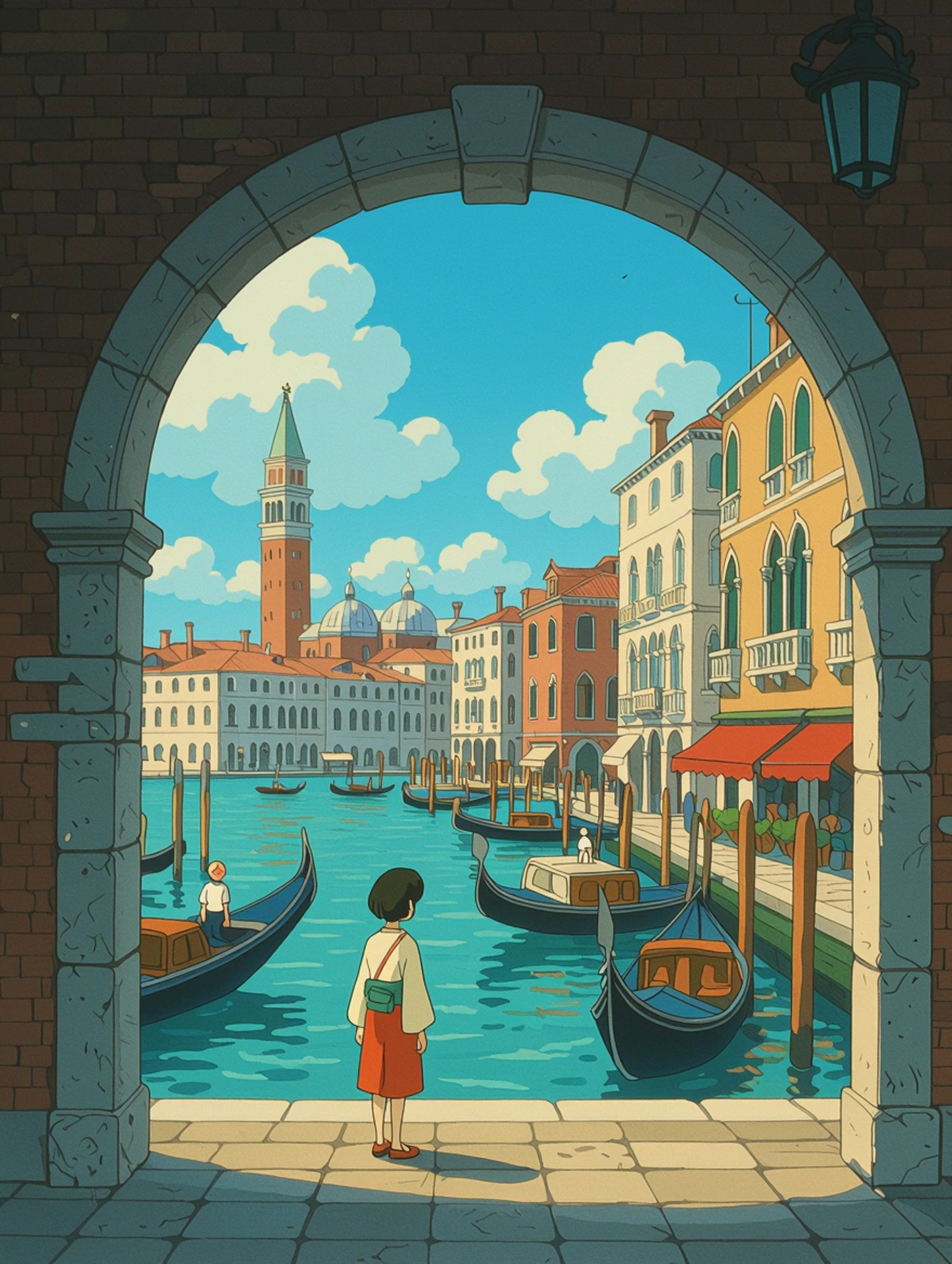 Anime-style illustration of a girl looking at a Venice canal through an archway.