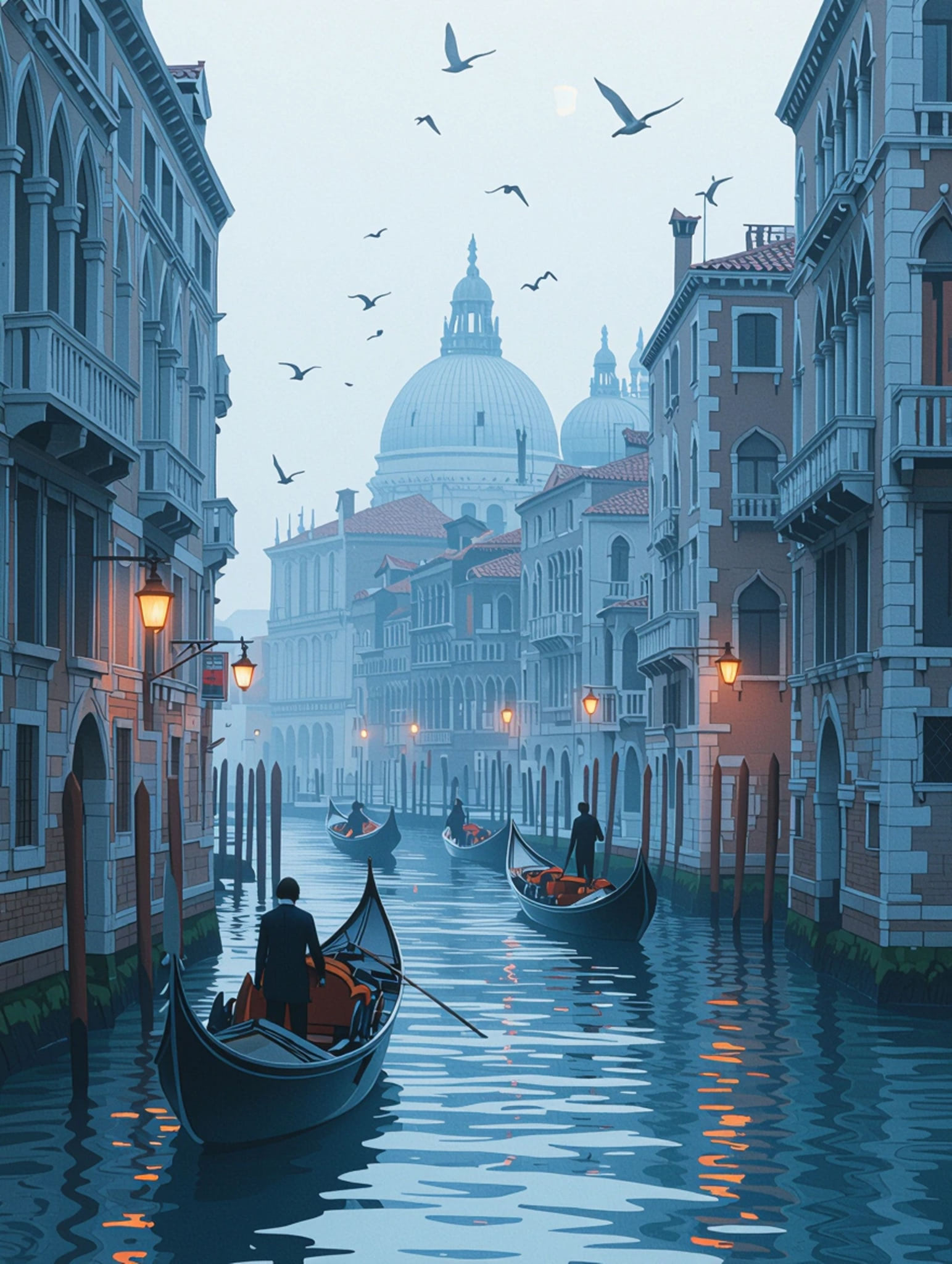 Painting of Venice canal with gondolas, buildings, and flying birds.