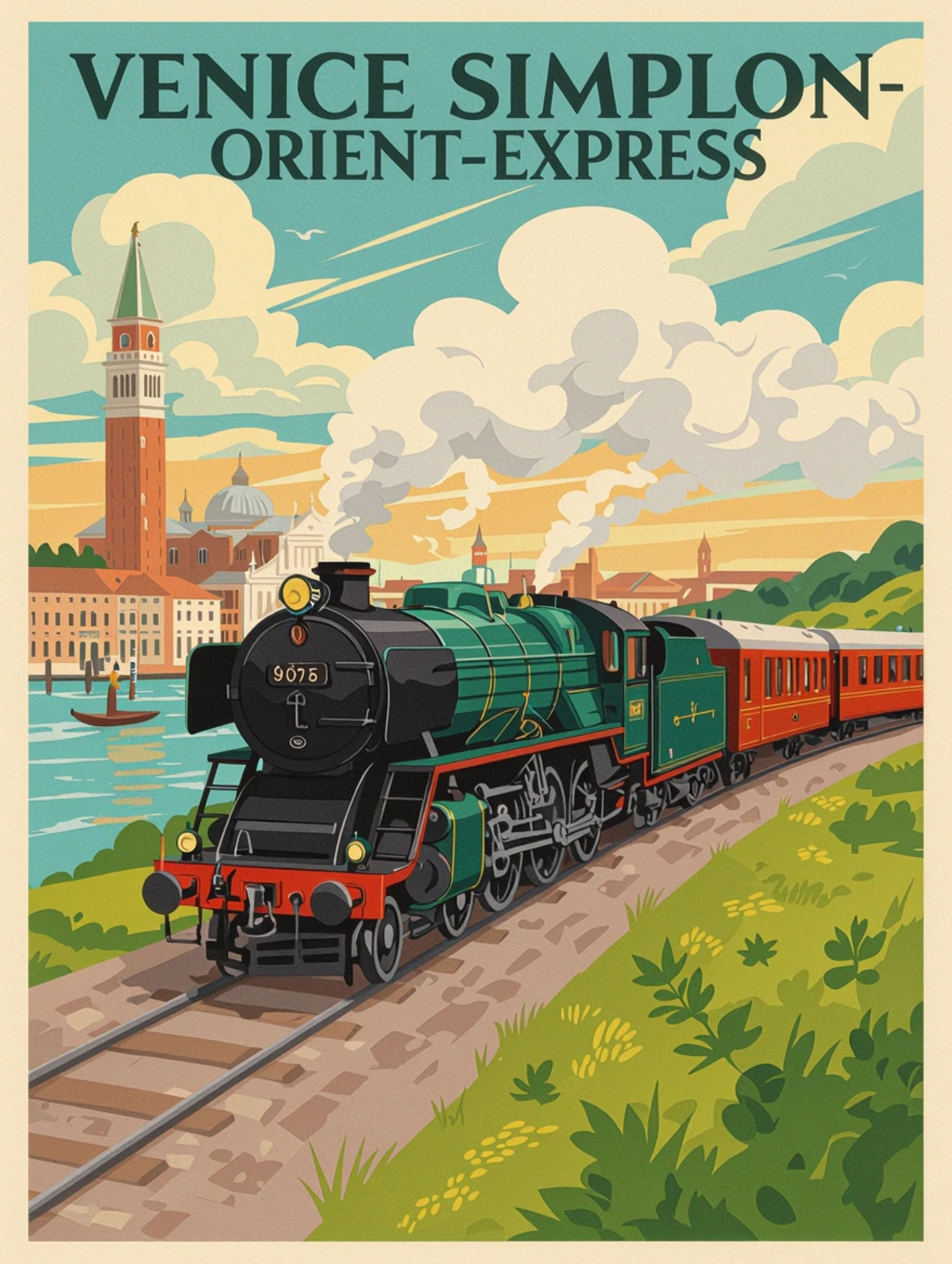 Illustrated travel poster featuring a steam train traveling toward Venice.