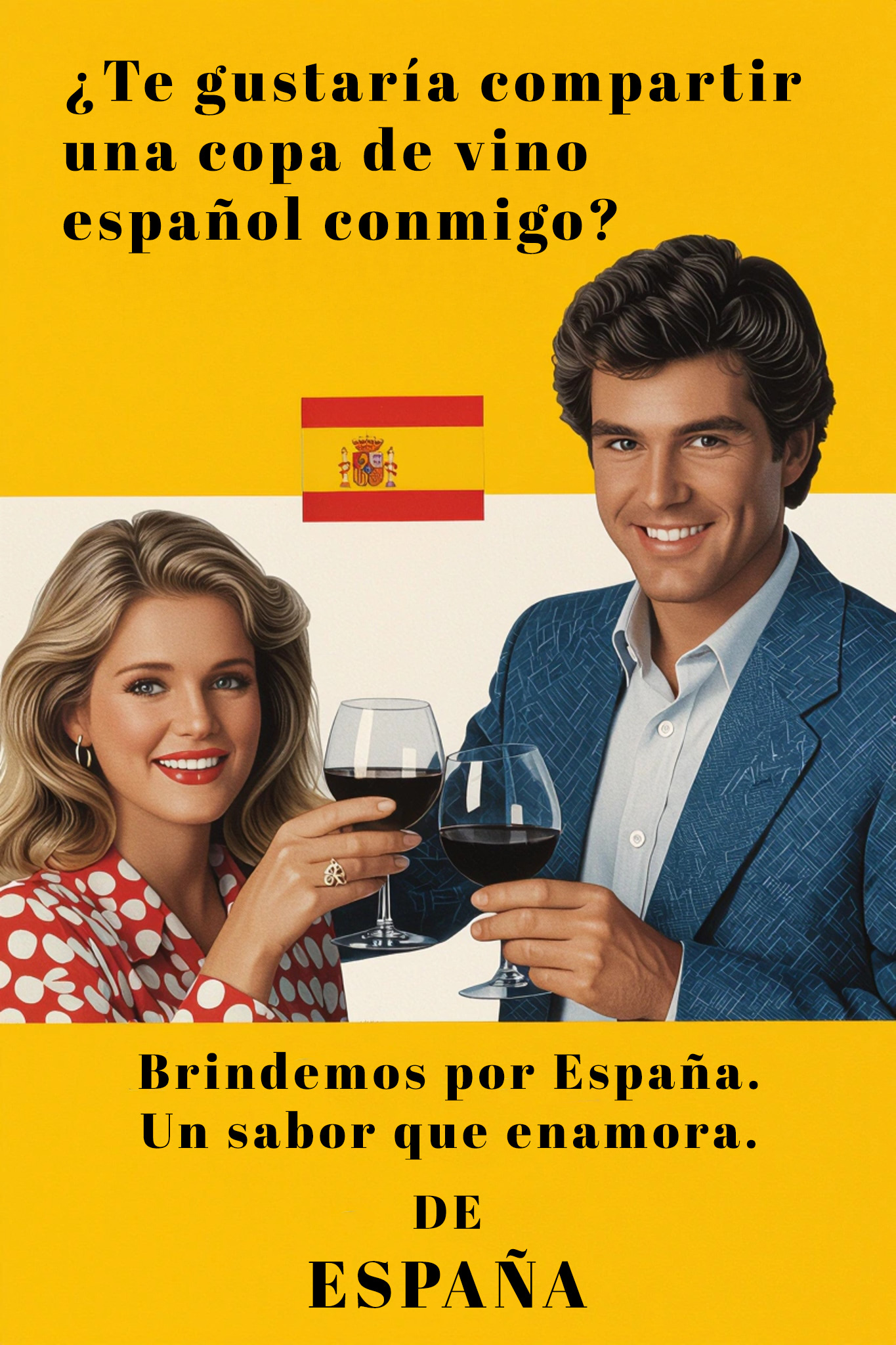 A man and woman with wine glasses, a Spanish flag, and text in Spanish.
