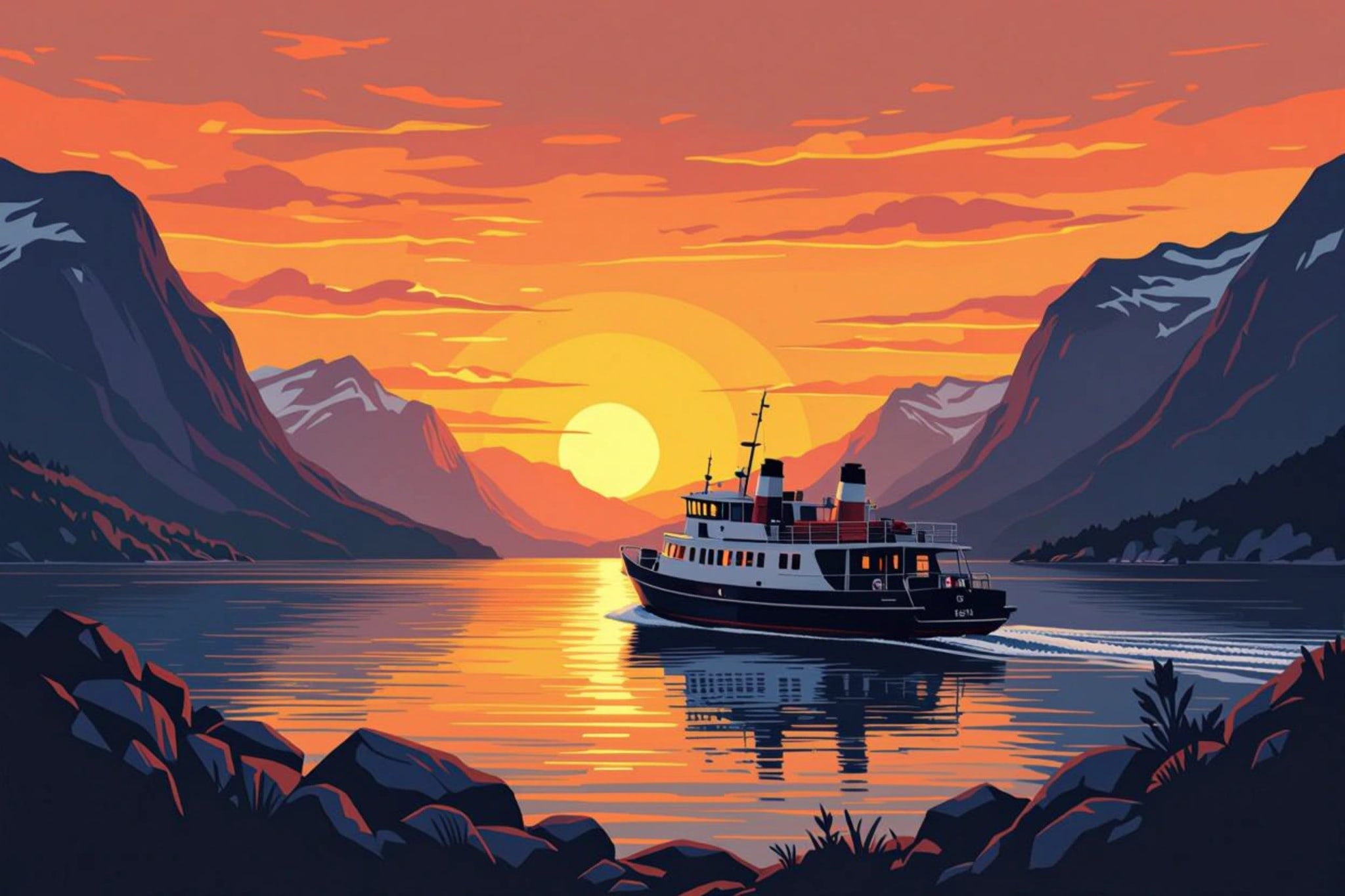 Illustration of a ferry sailing on a lake with mountains and a sunset.