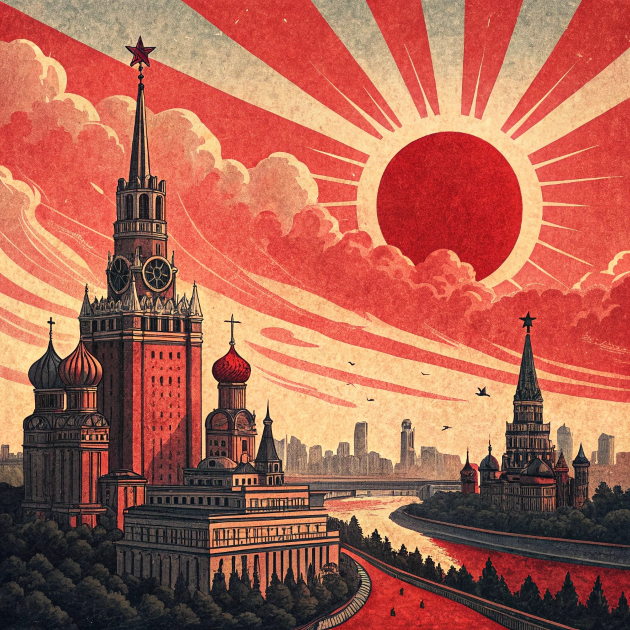 Illustration of a city skyline with a red sun and buildings topped with red stars.