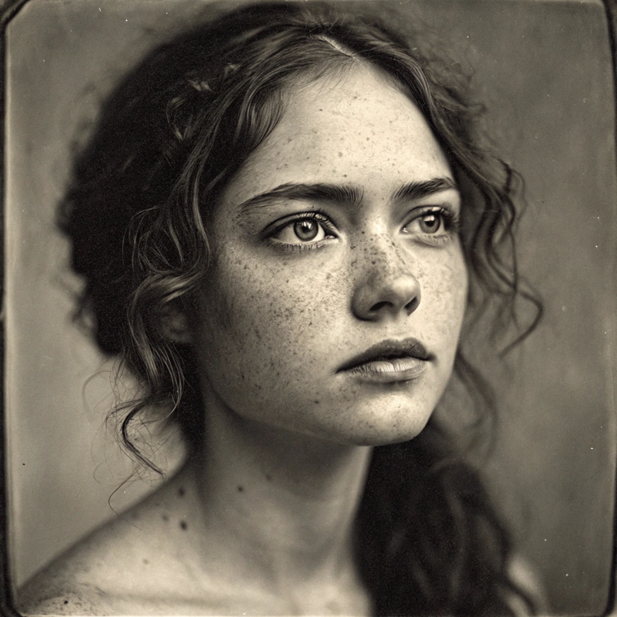 Sepia portrait of a young woman with freckles looking up and to the right.