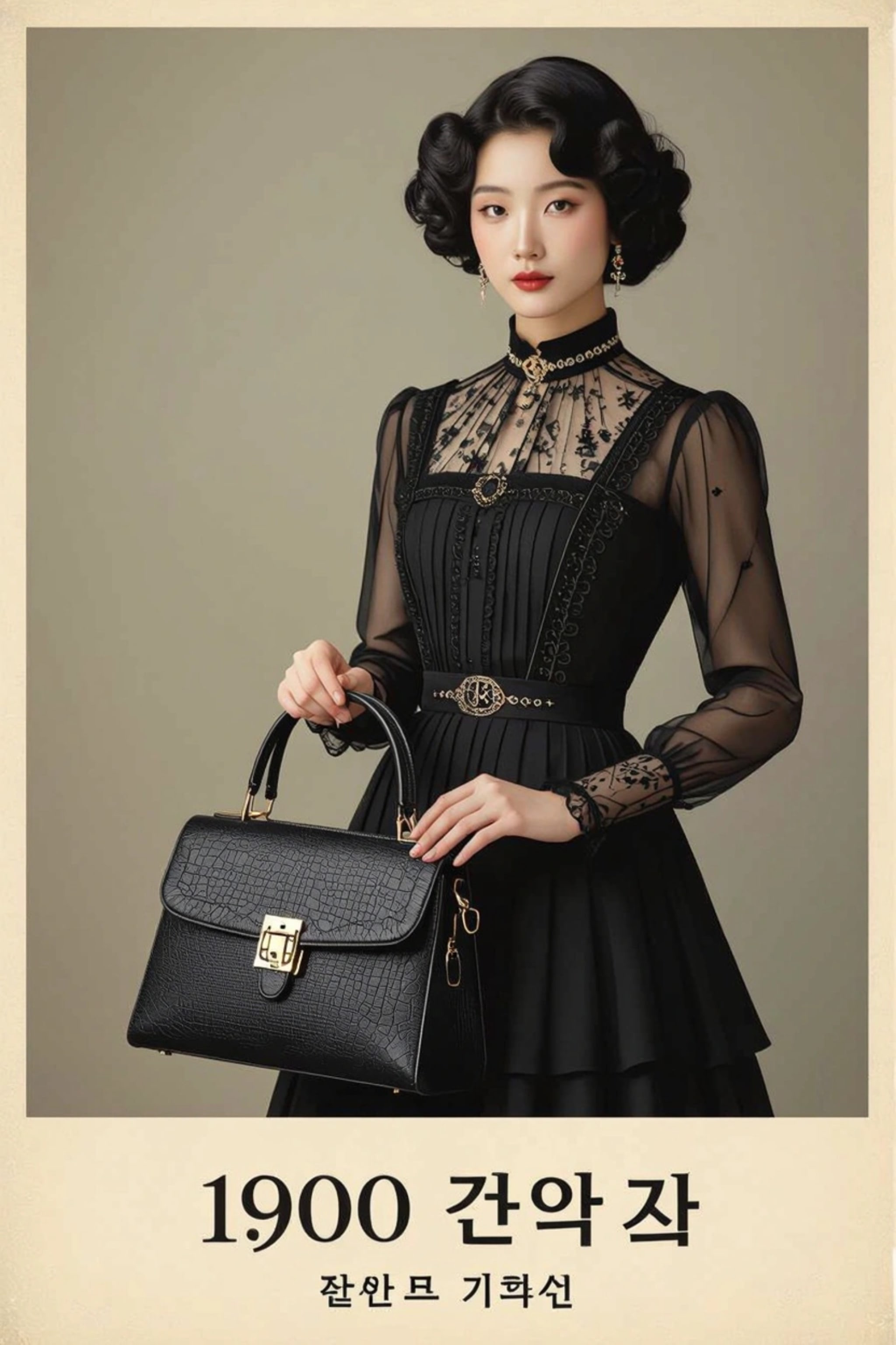 Woman in vintage 1900s fashion holding a handbag.
