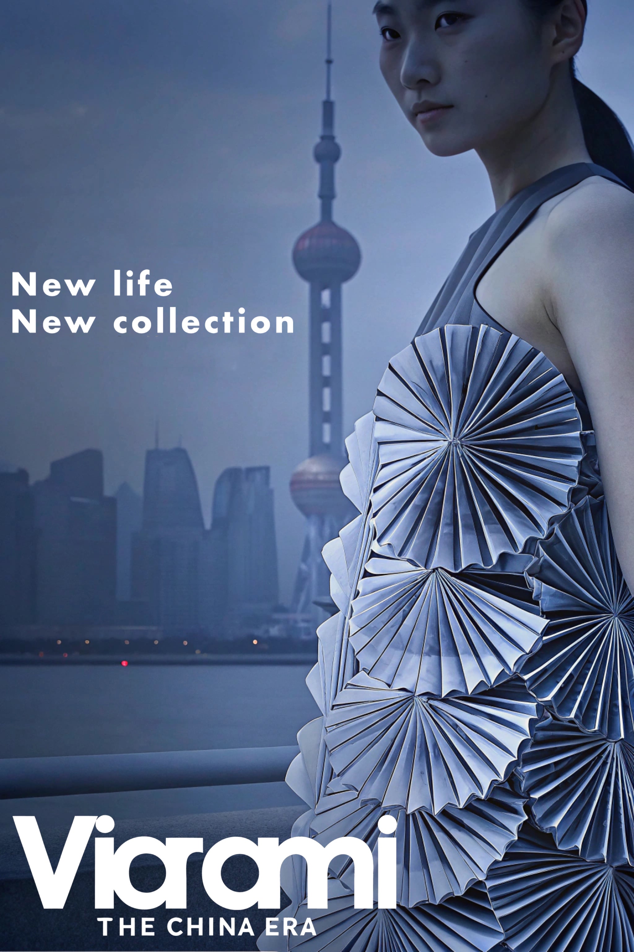 A woman in a paper dress stands in front of the Shanghai skyline.