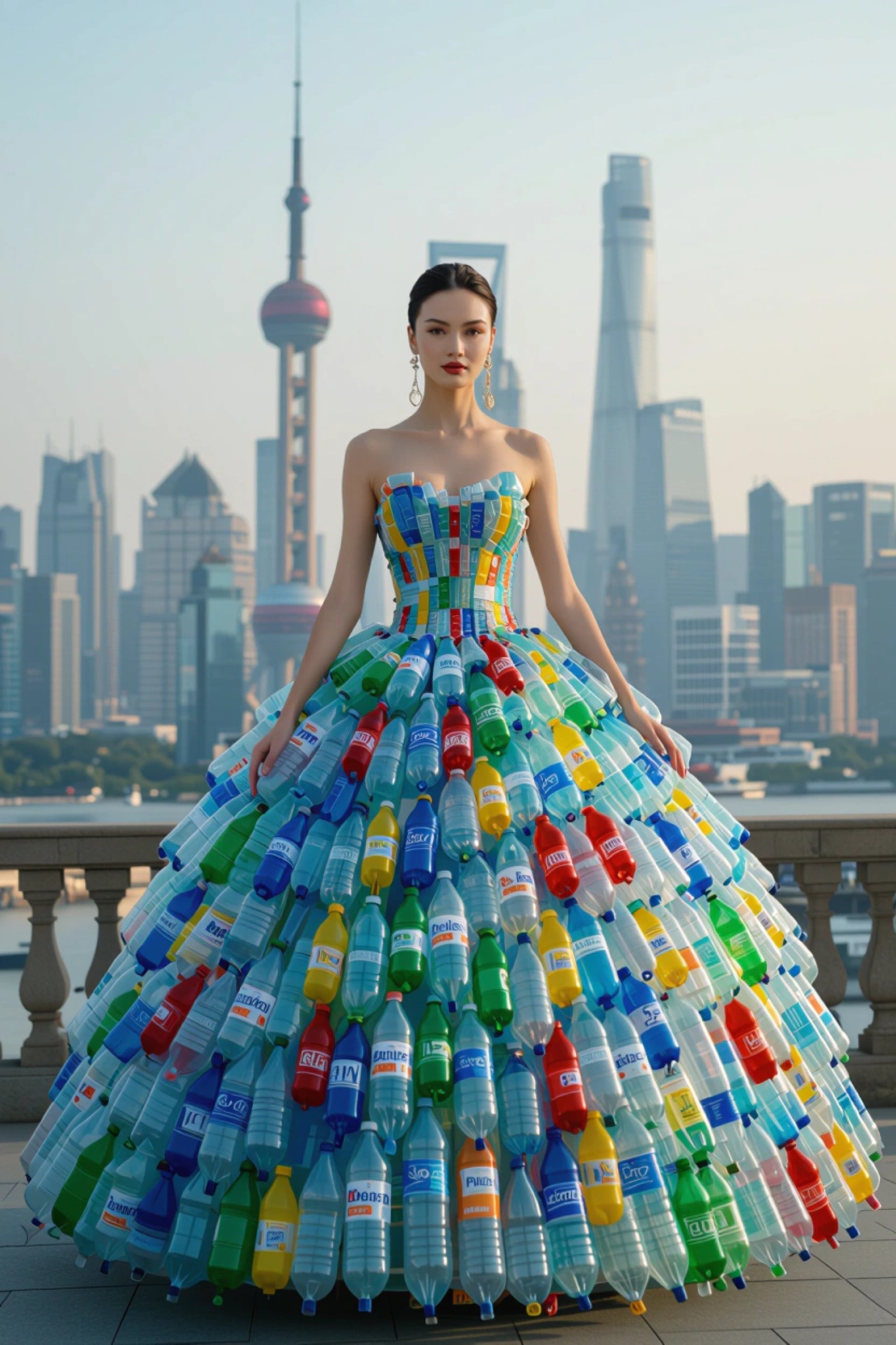 Woman wearing a gown constructed from plastic bottles, with a city skyline in the background.