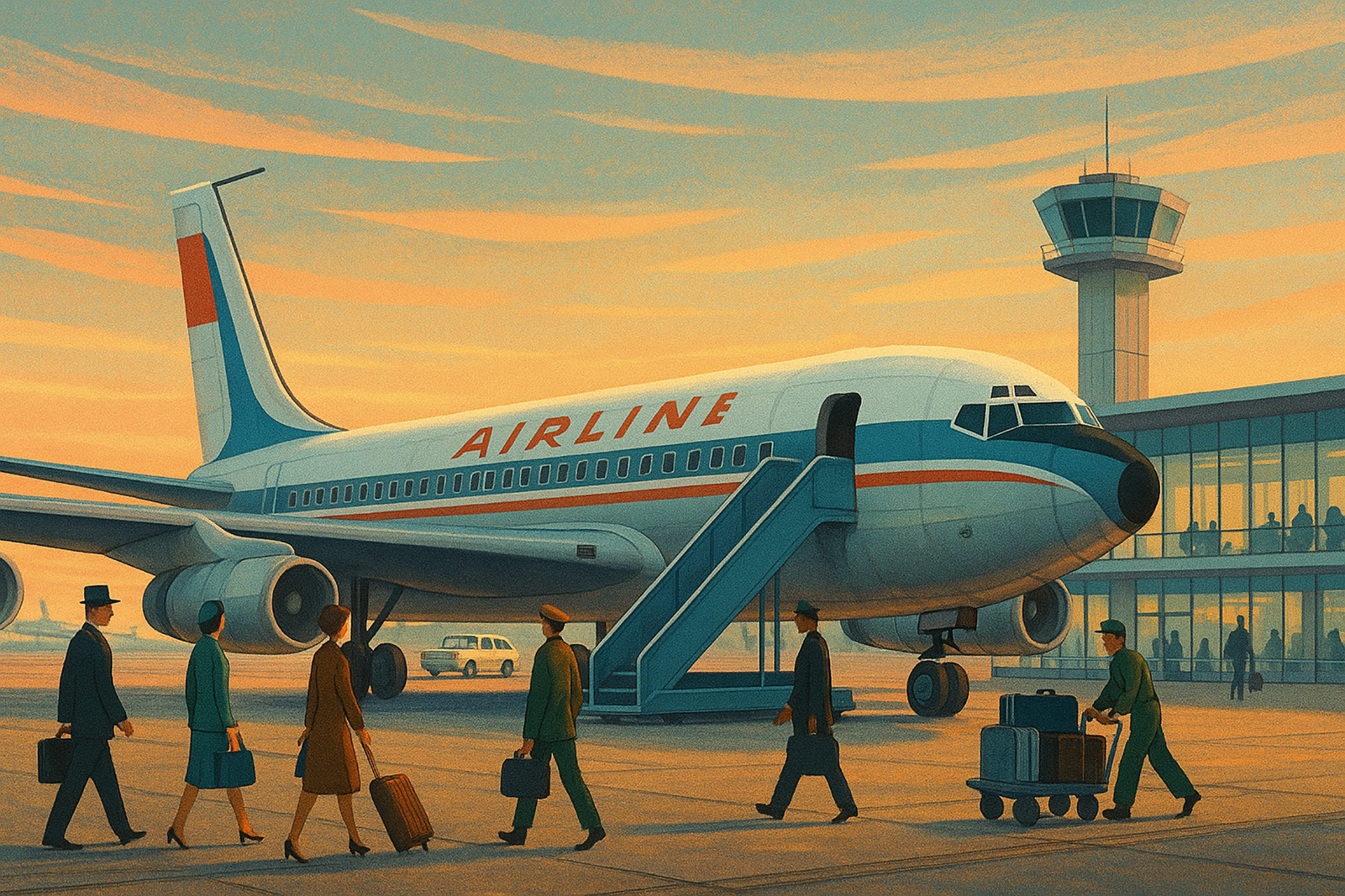 Illustration of a 1960s-style airport scene with a passenger airplane, terminal, control tower, and people.