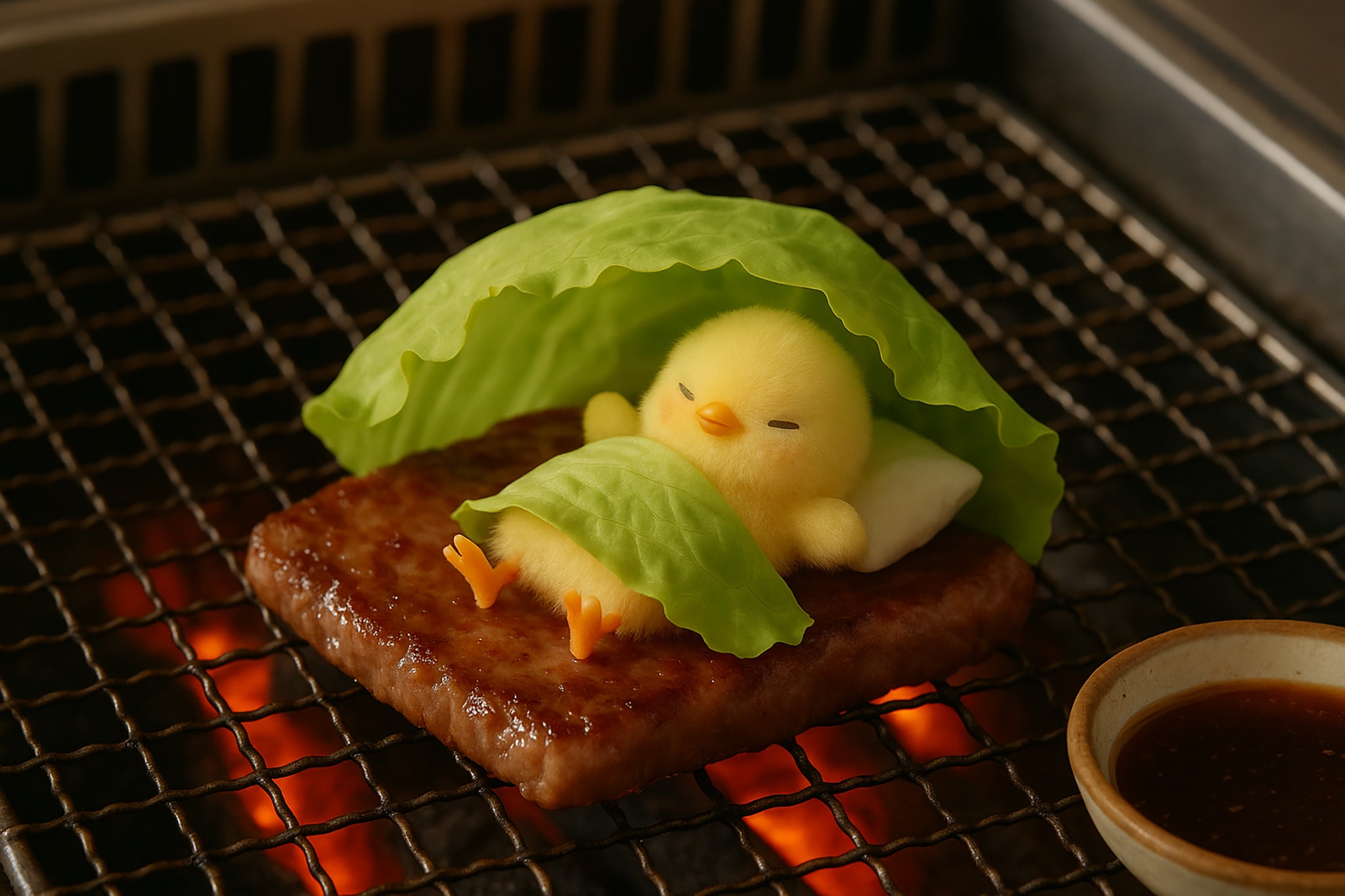 An adorable sleeping chick, wrapped in lettuce, rests on grilled meat. The grill is over glowing coals. A small bowl of sauce sits next to it.