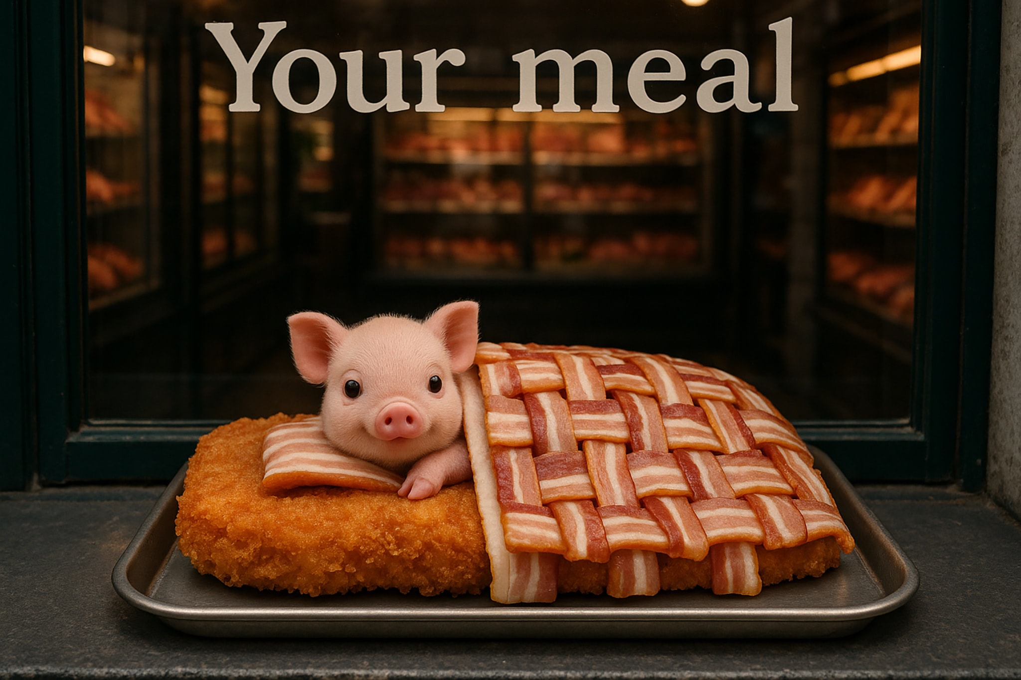 A small piglet peeks out from a bacon blanket on a fried food patty, with the text 'Your meal' above.