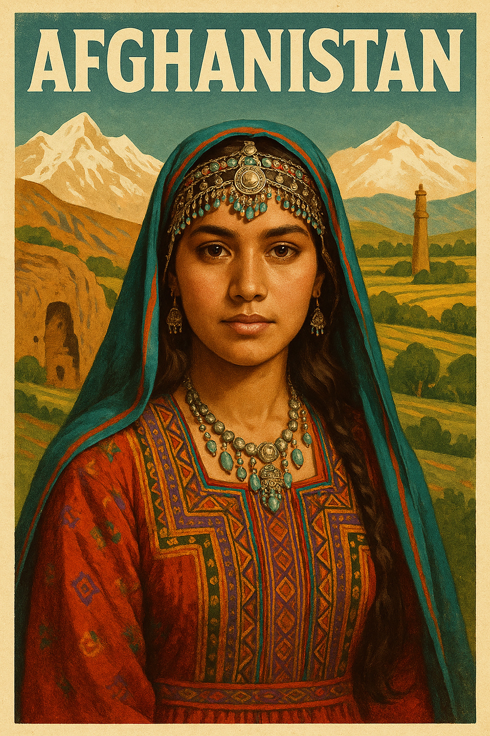 Poster with 'Afghanistan' at the top. A woman in traditional dress with turquoise jewelry, head covering, and mountains in the background.
