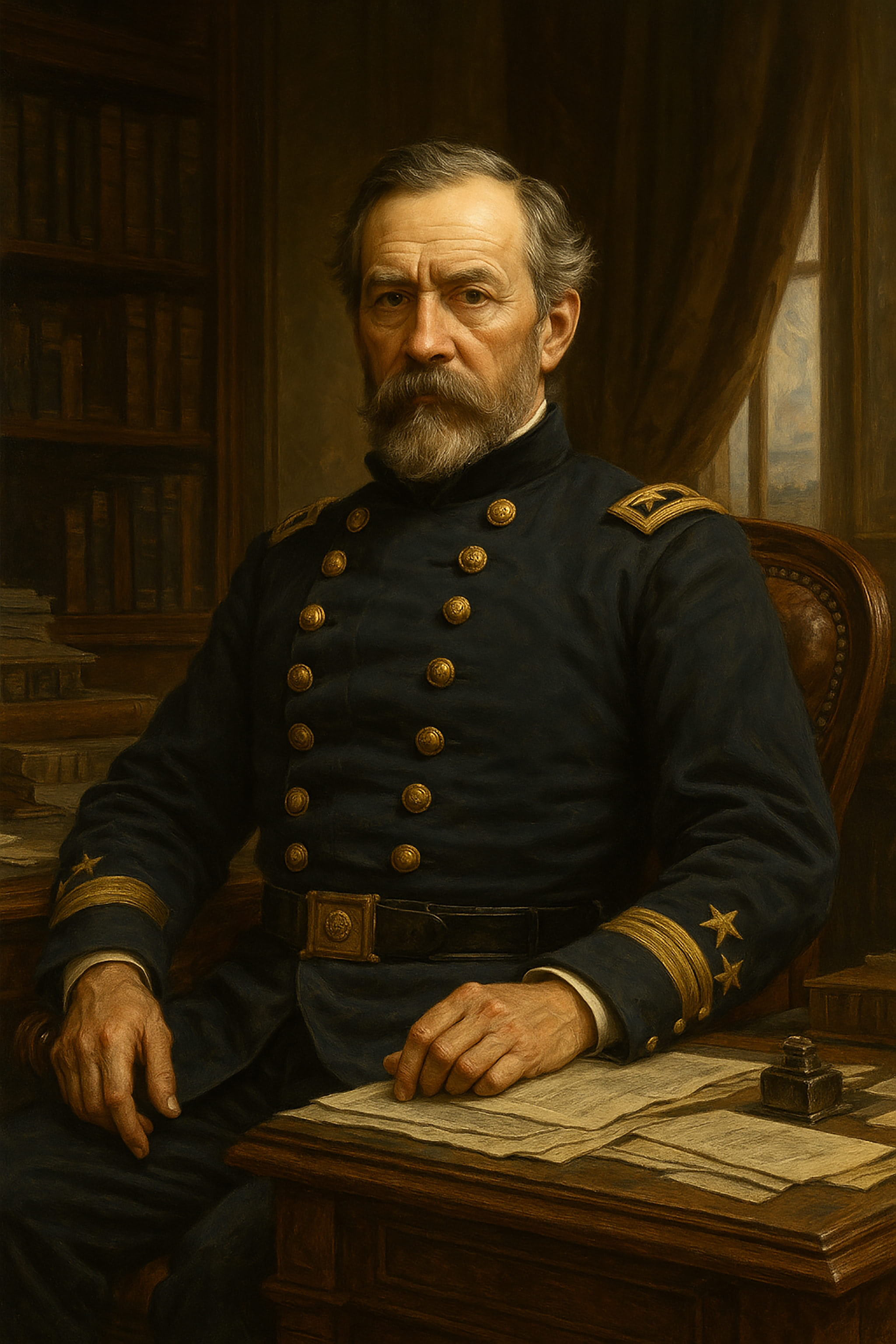 Portrait of a man in a military uniform, seated at a desk. He has a full beard and is looking directly at the viewer.