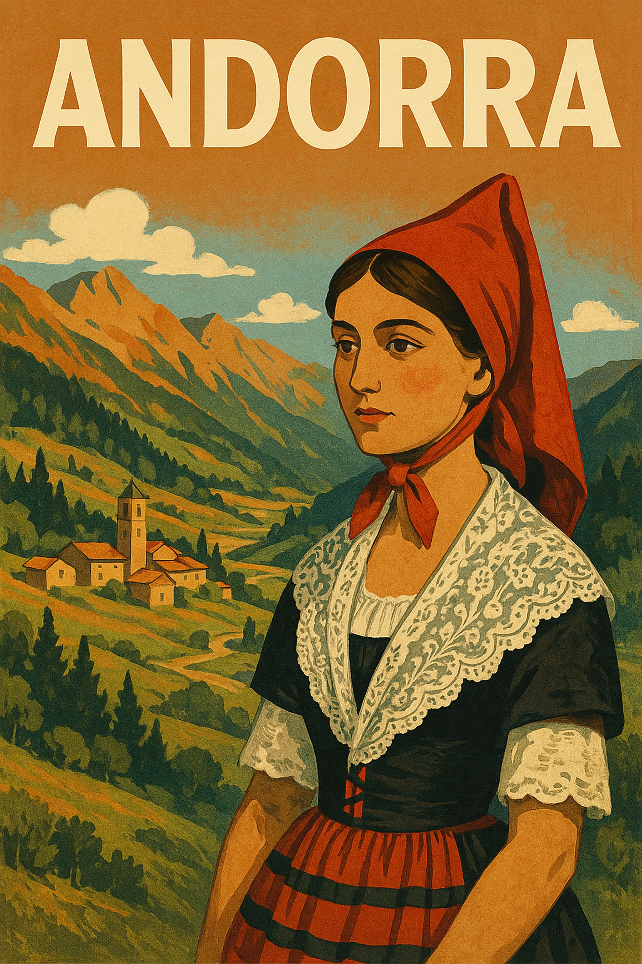 Illustration of a woman in traditional dress with a red scarf, in front of mountain scenery. The word 'ANDORRA' is at the top.