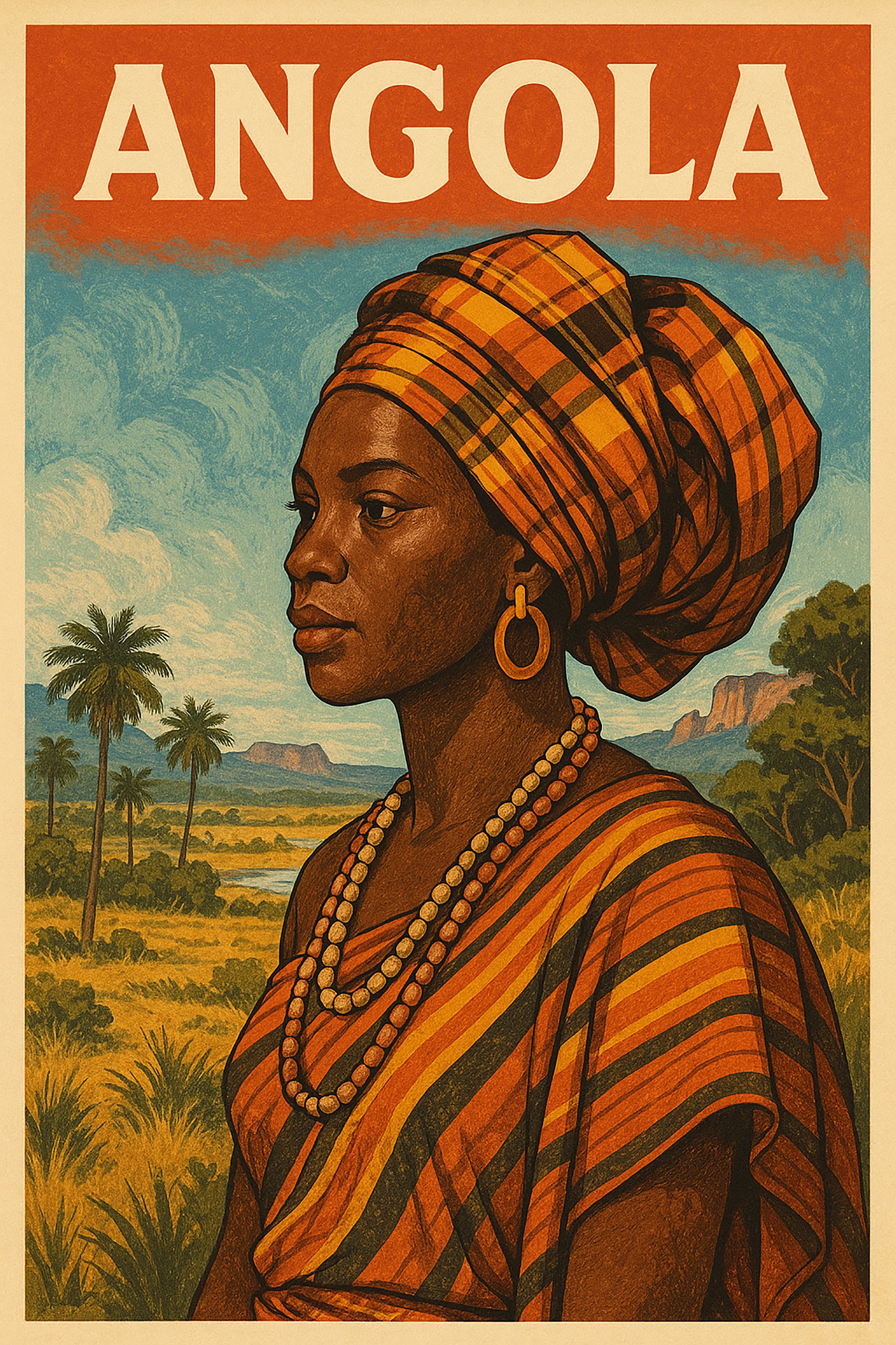 Poster of Angolan woman in traditional dress, with palm trees and landscape, the word 'Angola' at the top.