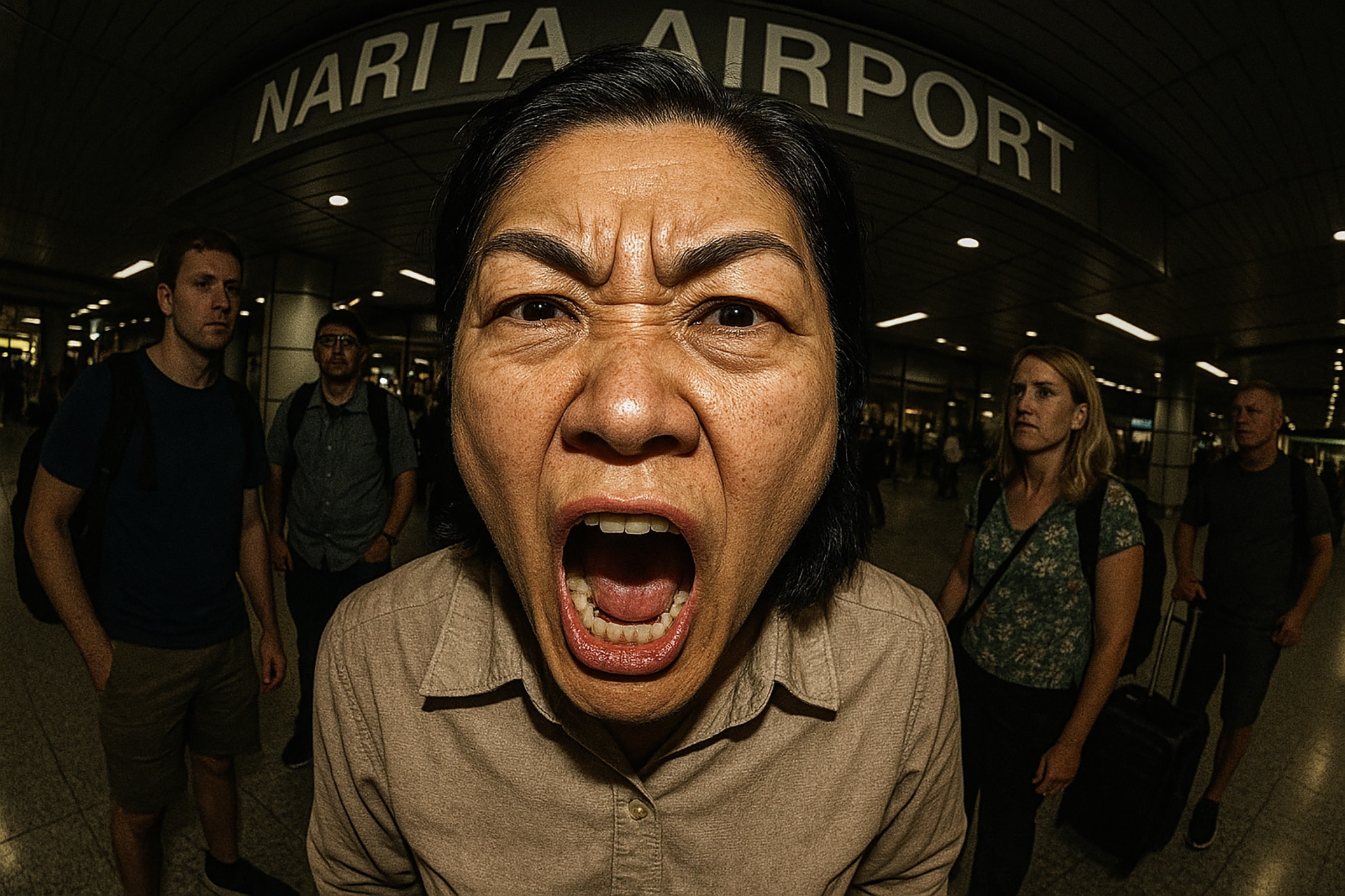 Woman yelling in an airport.