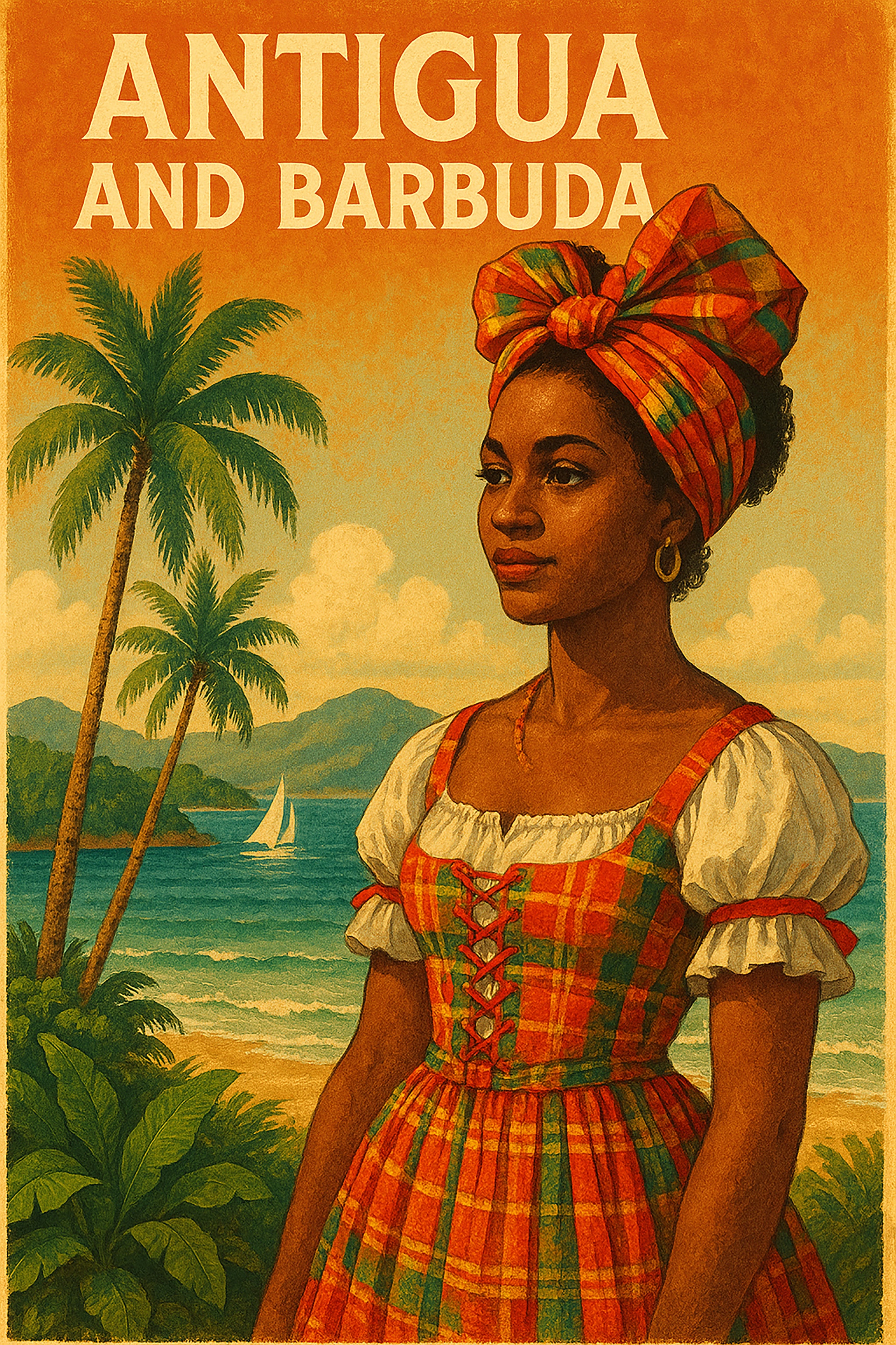 Poster of Antigua and Barbuda. A woman in plaid dress and headscarf stands near palm trees and a beach with a sailboat.