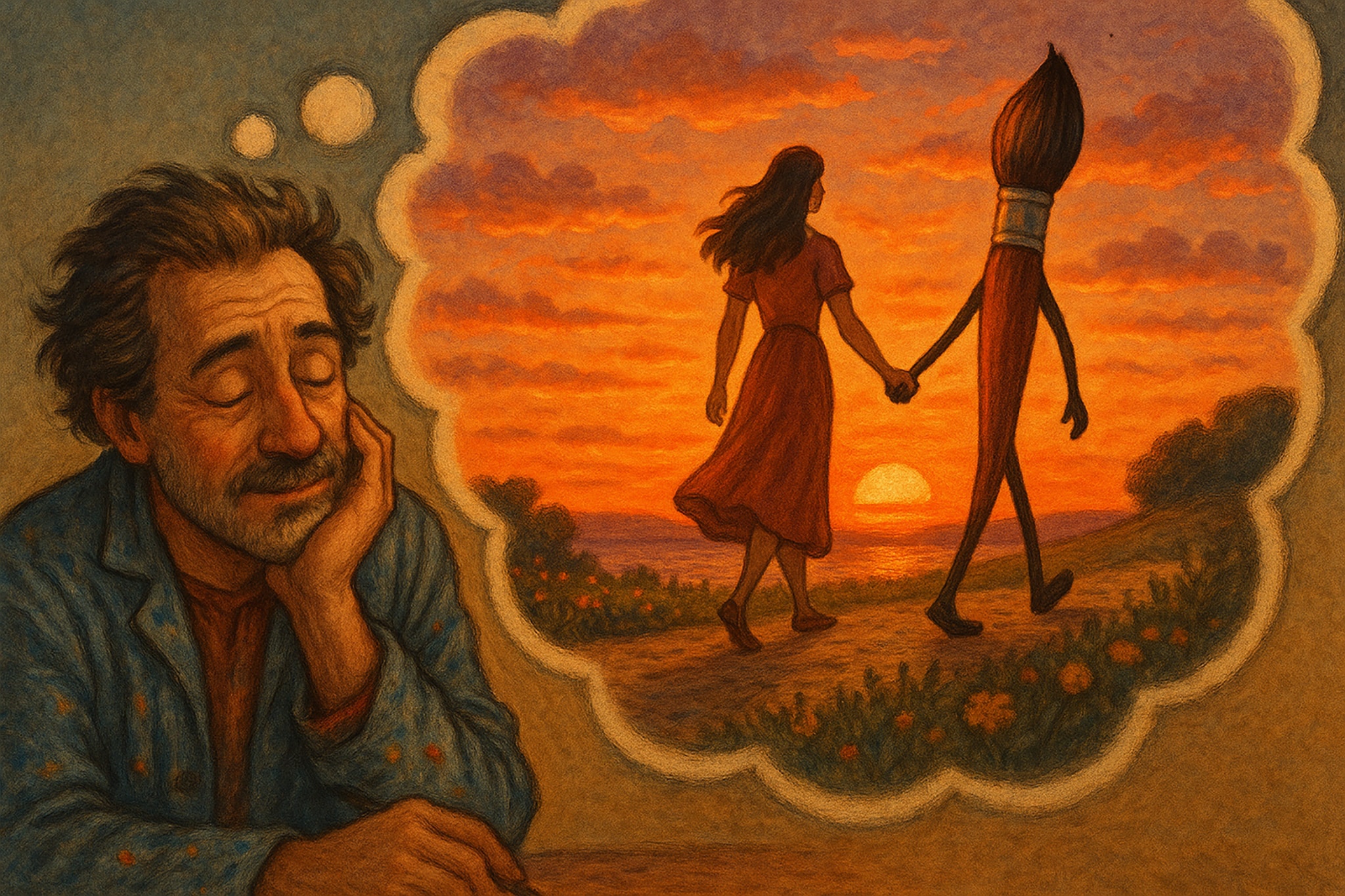 Illustration of a dreaming artist imagining a woman holding hands with an anthropomorphic paintbrush at sunset.