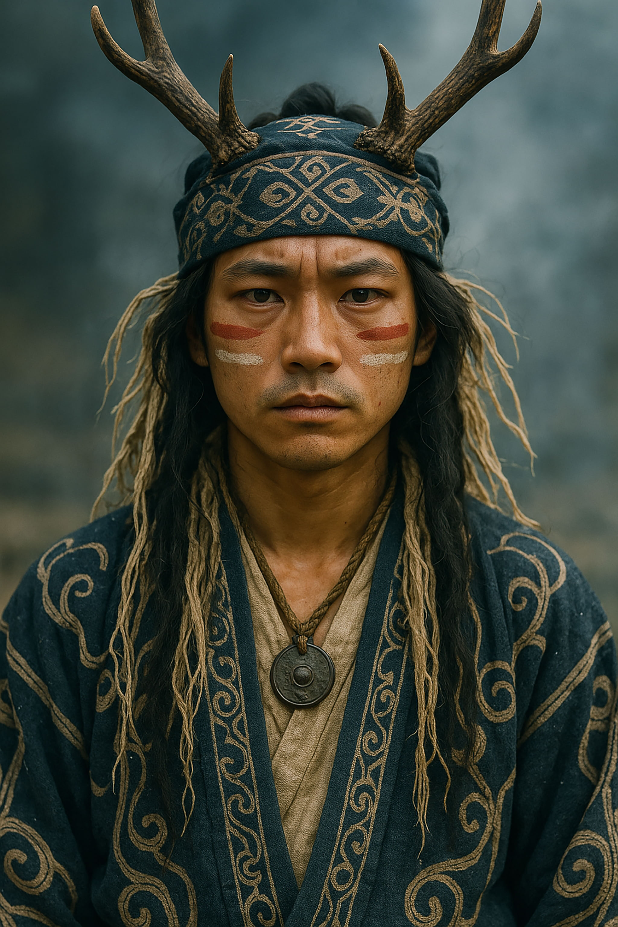 Asian man with antler headdress, face paint, and ornate clothing.