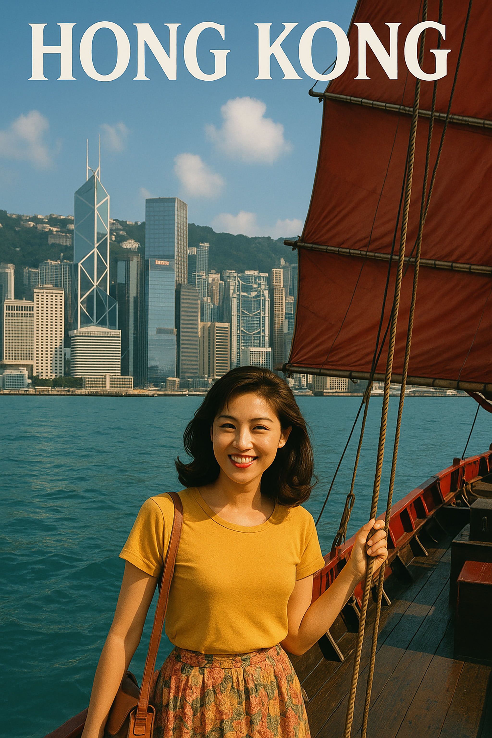 An Asian woman smiling on a boat in Hong Kong harbor. City buildings and red sail in the background.