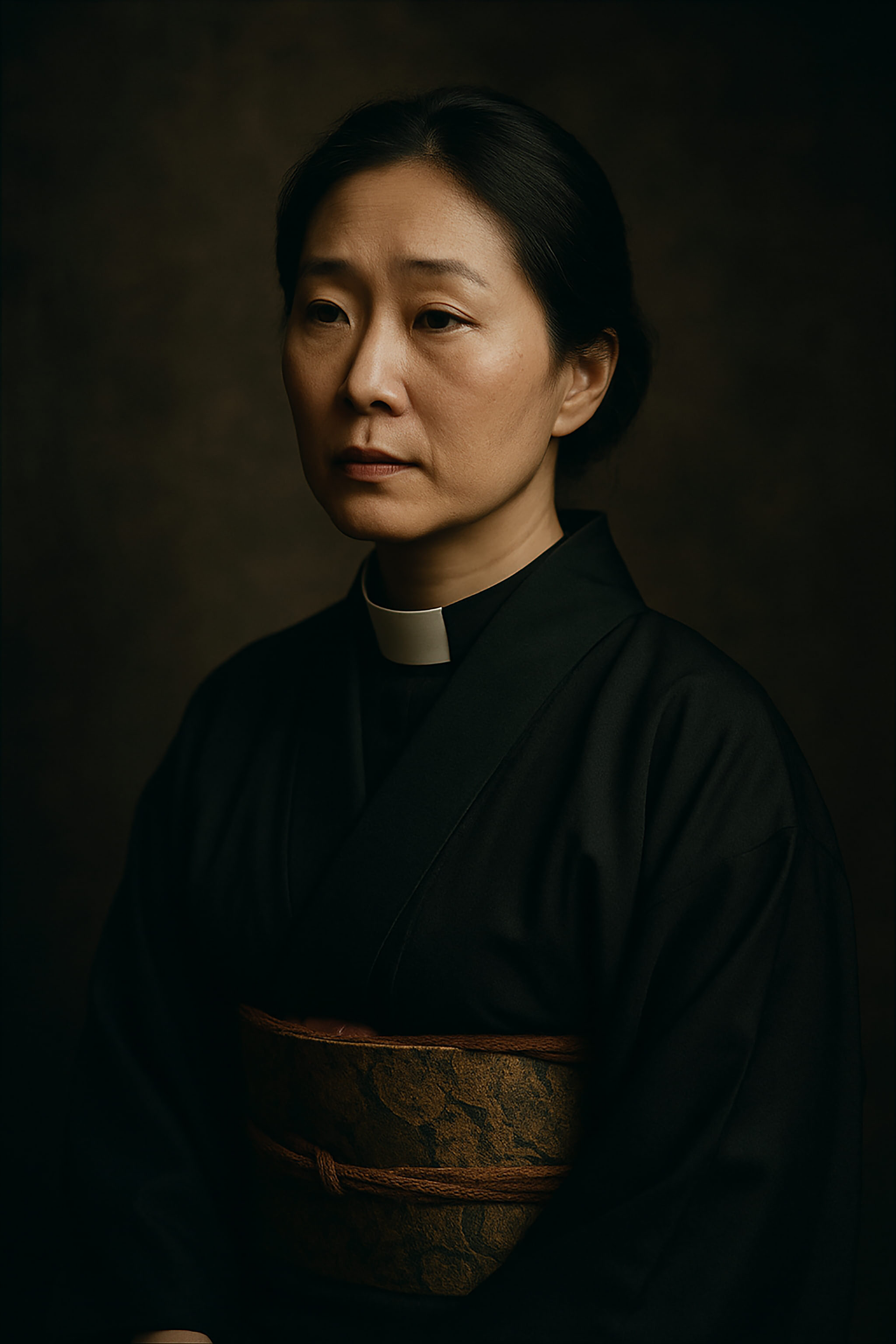 Portrait of an Asian woman wearing a clerical collar and black robe. She has a serious expression and dark hair.
