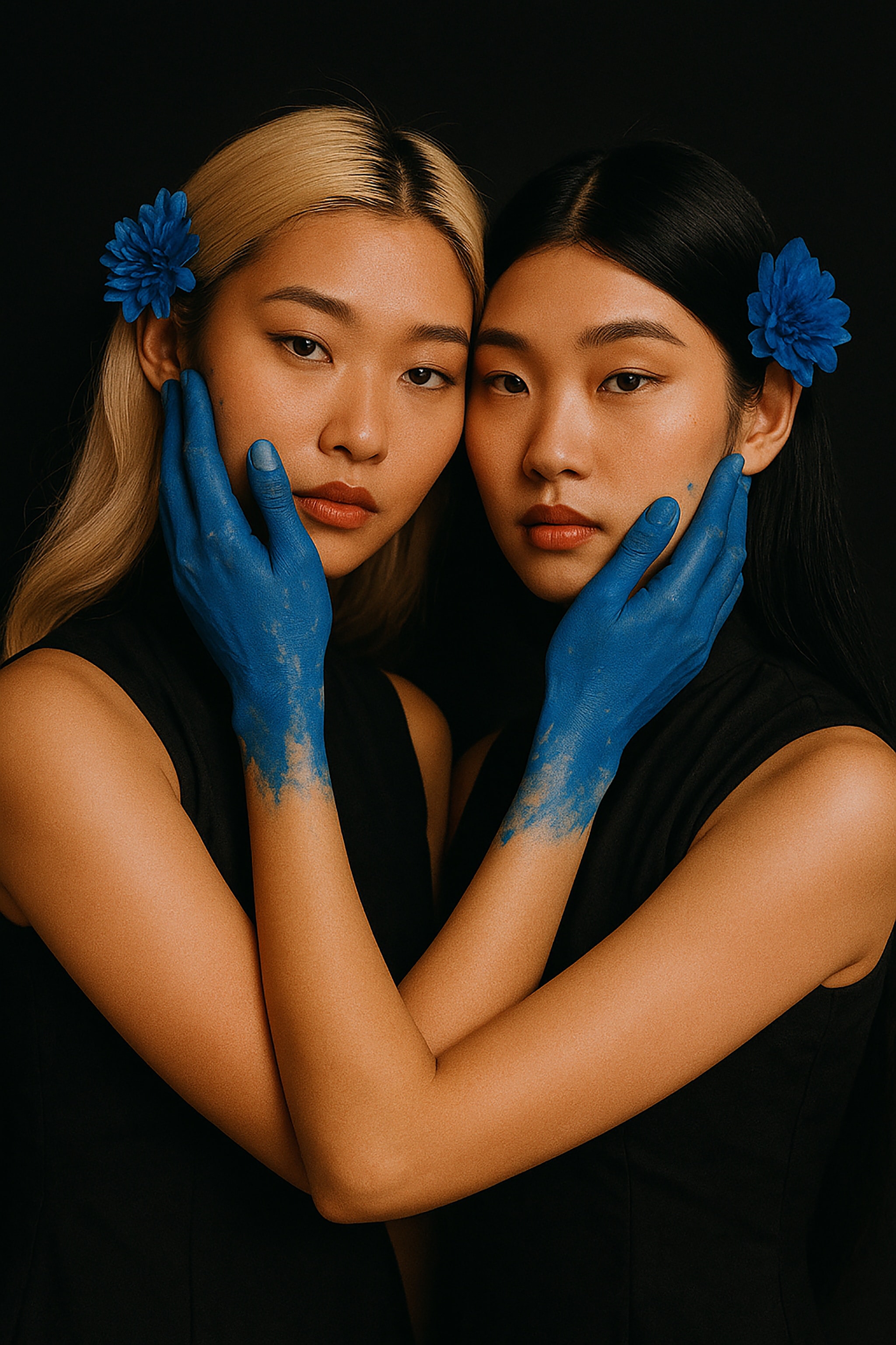 Two Asian women in portrait, blue paint on hands, holding faces. One has blonde hair, the other black. Blue flowers. Black background.