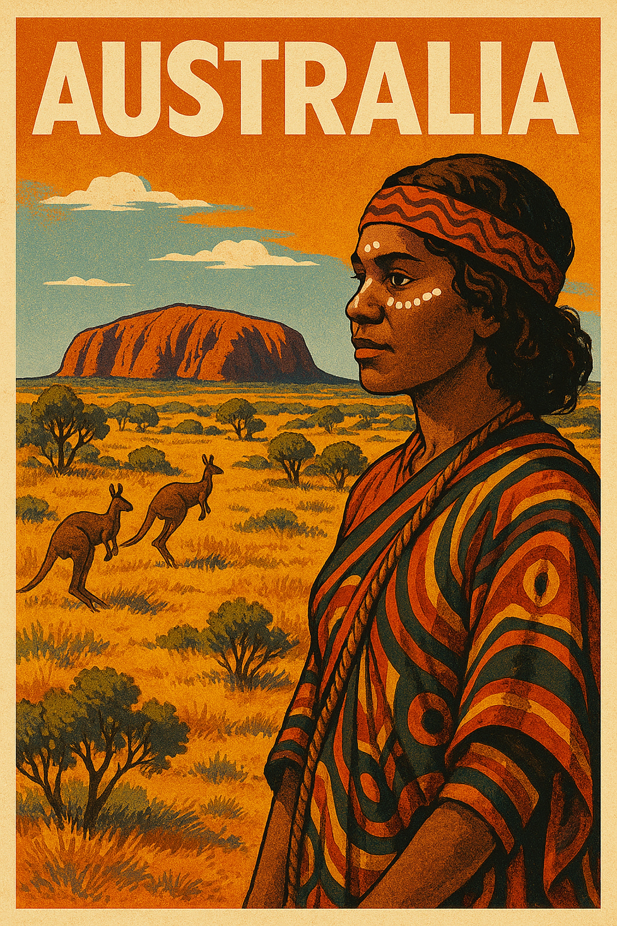 Poster depicting Australia, with Aboriginal woman in traditional dress, Uluru, and kangaroos in a desert landscape.