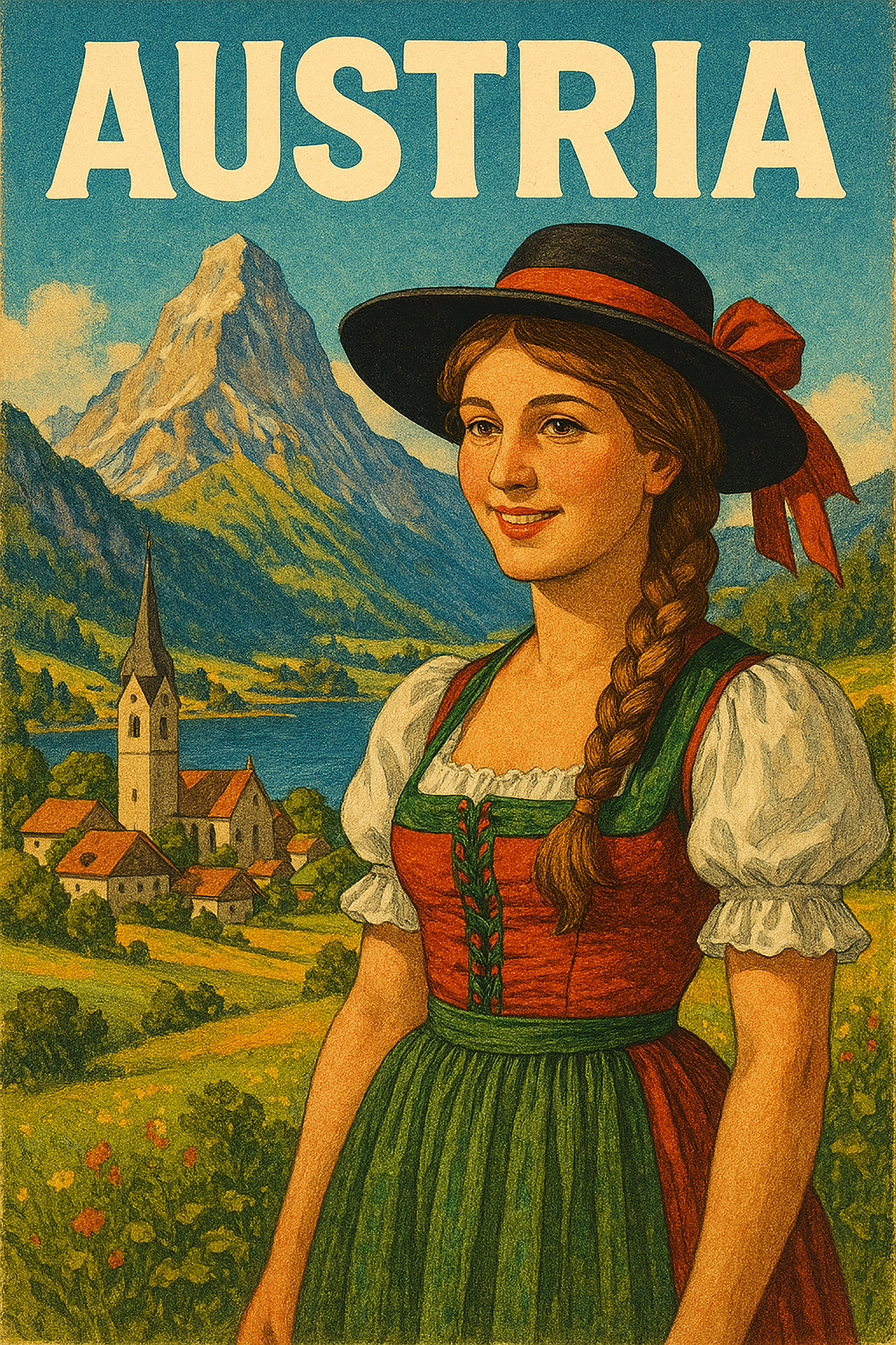 A vintage poster of Austria. A woman in traditional dress stands in front of a mountain range and a village. 'Austria' is written above.