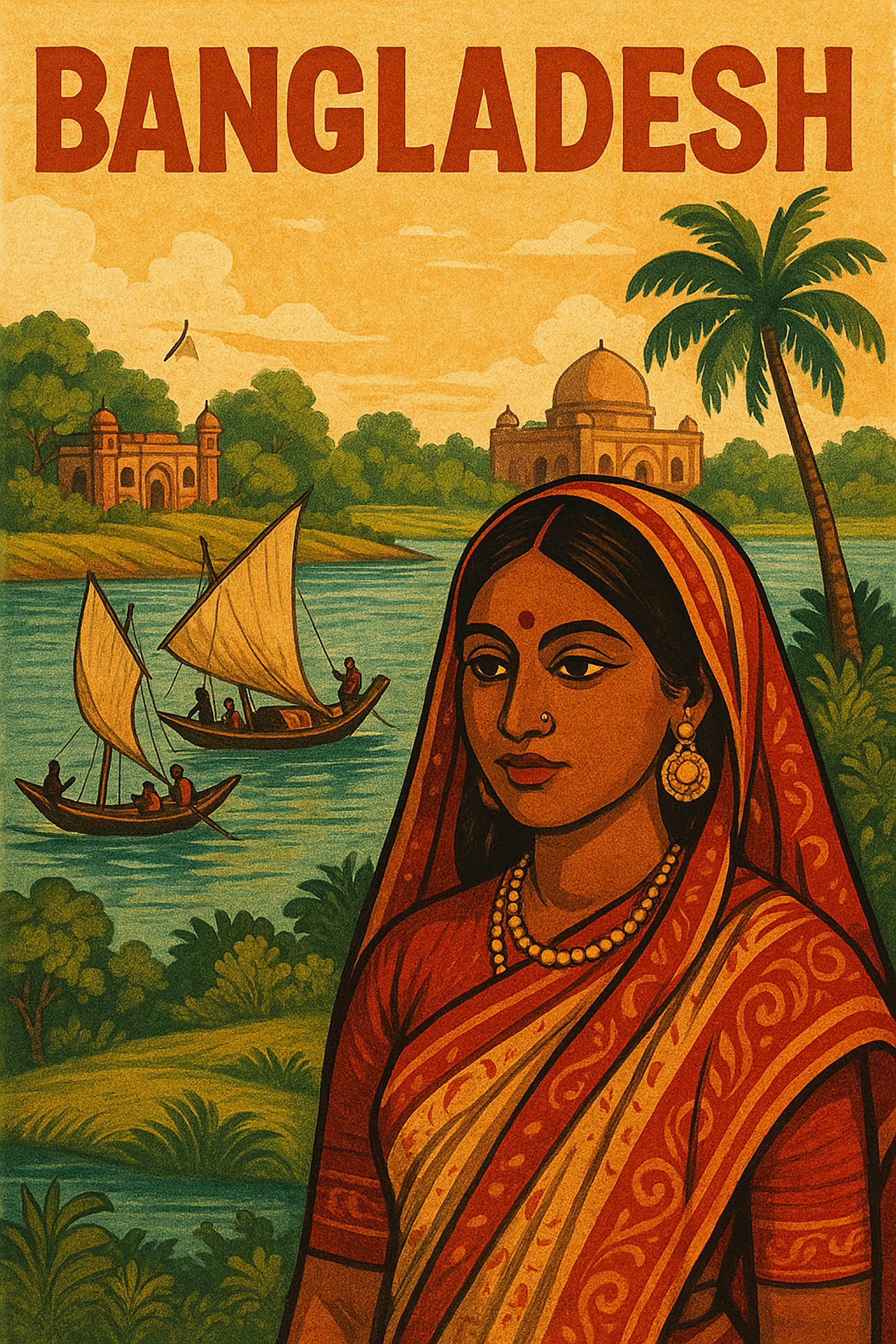Illustration of a Bangladeshi woman in a sari with a river landscape. Sailboats, monuments, and palm trees are visible in the background.
