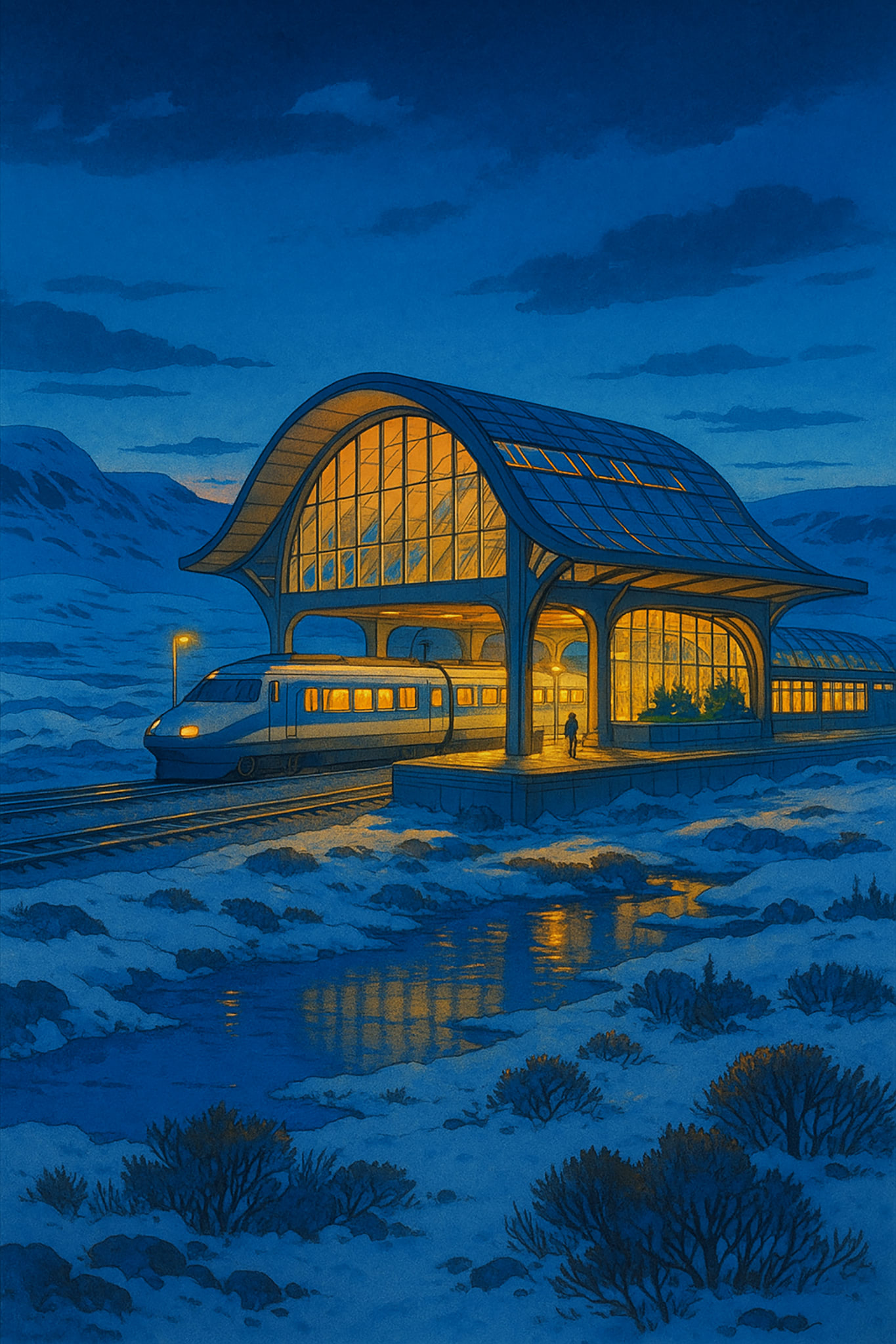 Illustration of a train and station at night.