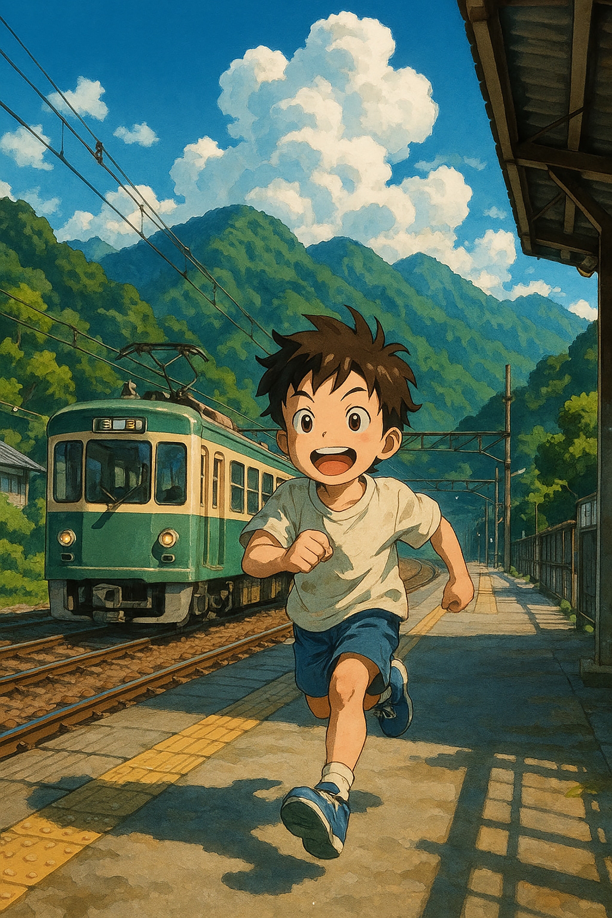 Animated boy running on a train platform with a train and mountains in the background.
