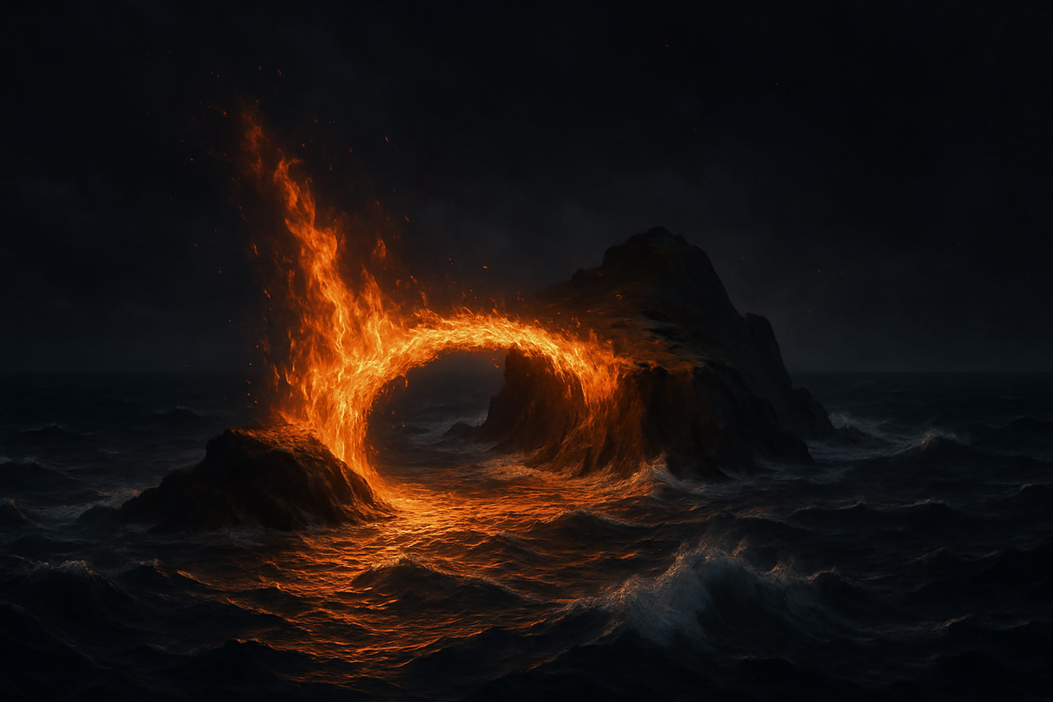 A stone arch on fire over a dark, wavy sea.