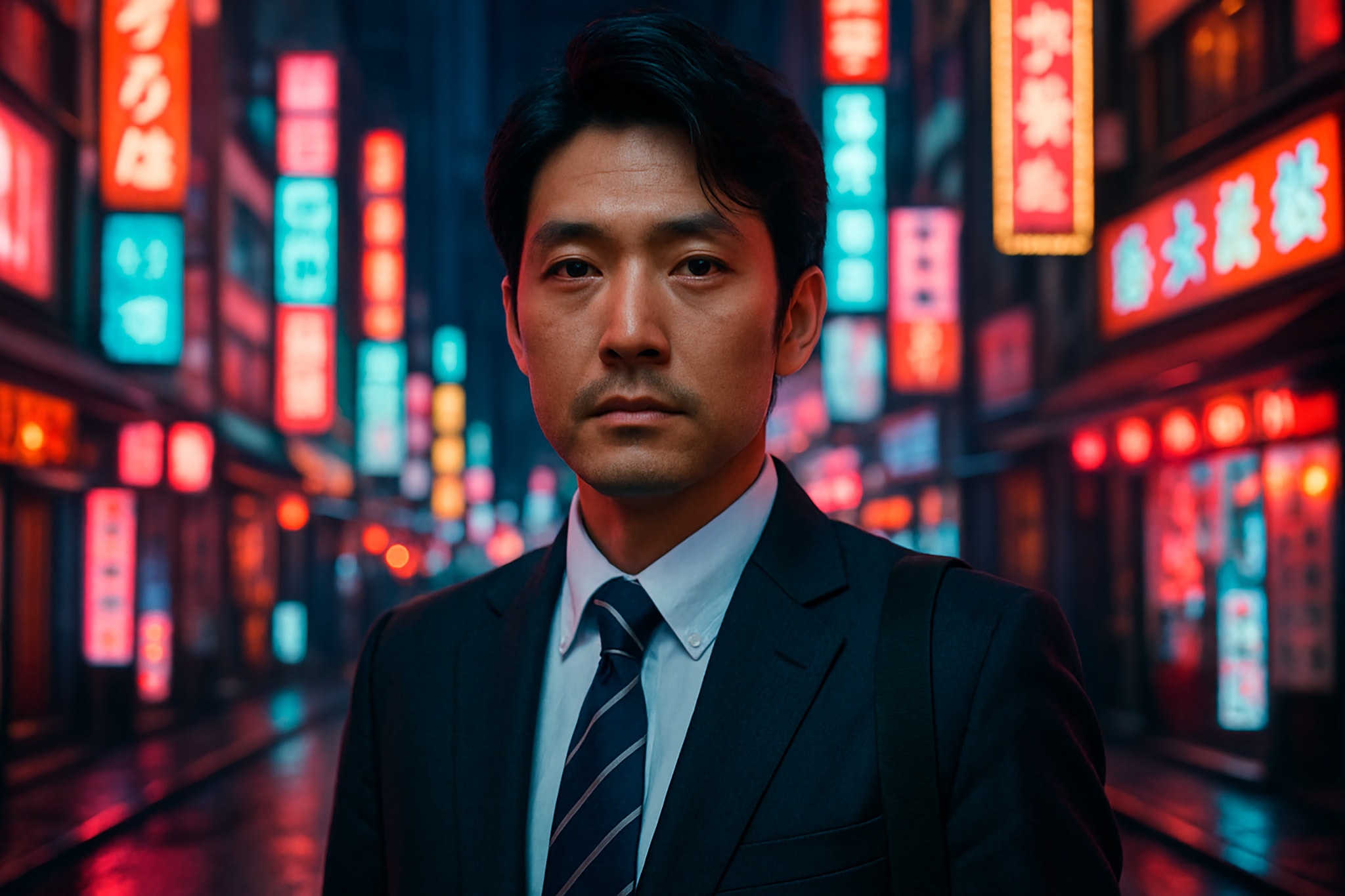 Portrait of a businessman in a suit with neon city lights in the background.