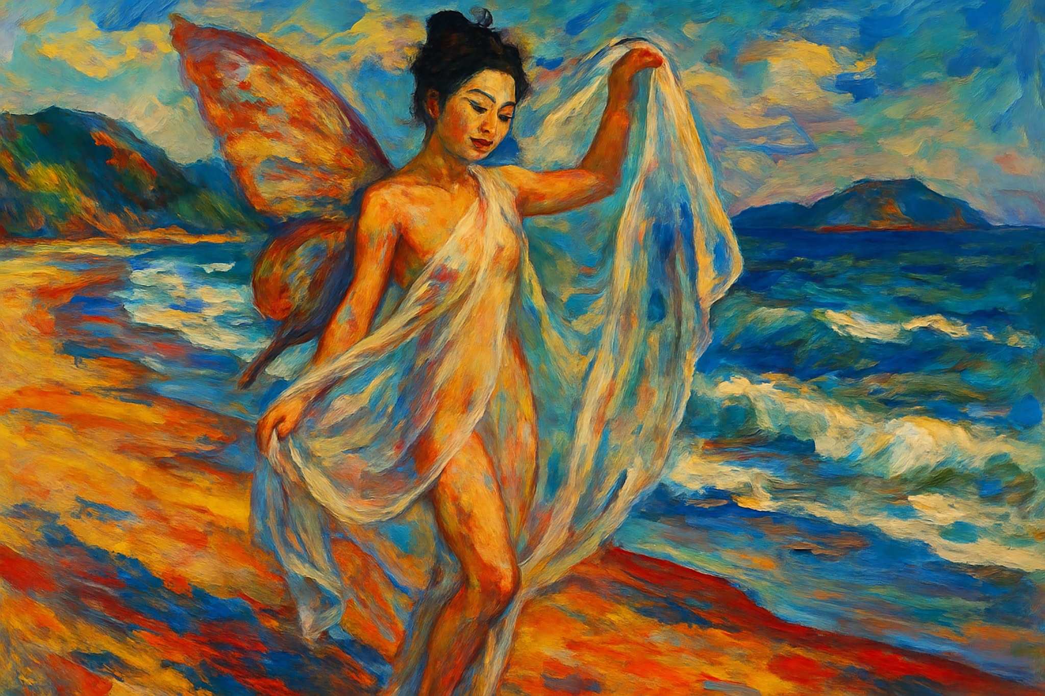 Painting of a fairy with butterfly wings on a beach.